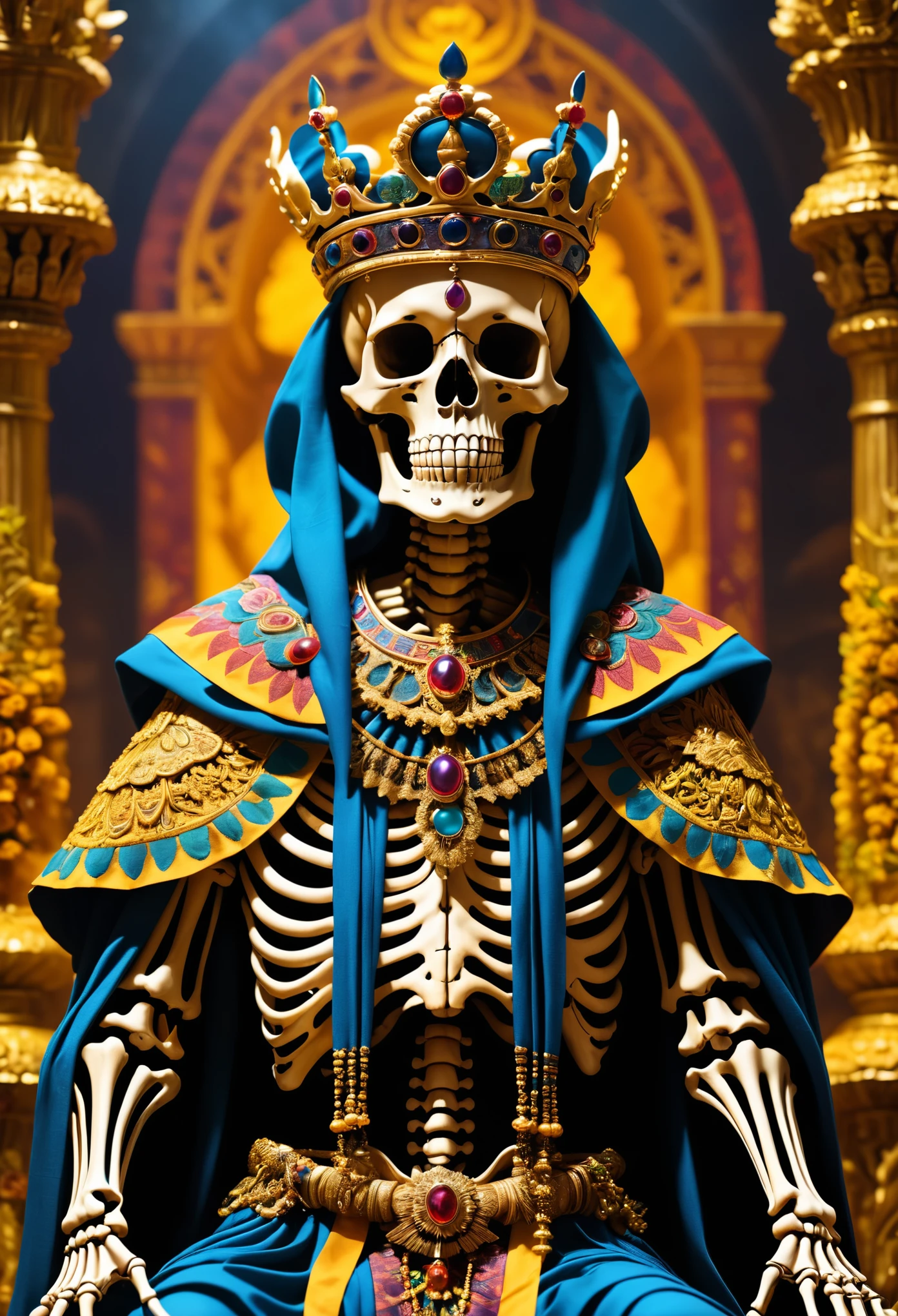 Generate hyper realistic image of a forgotten deity, a skeleton god whose origins trace back to ancient civilizations. With a regal crown perched atop their skull, they rule over the realm between life and death. Their skeletal form, adorned with ornate jewelry and robes made of shadows, resonates with an eerie grace. Explore the rituals and sacrifices made by devotees to honor this skeleton god, and the secrets they uncover about the nature of existence and the afterlife.
