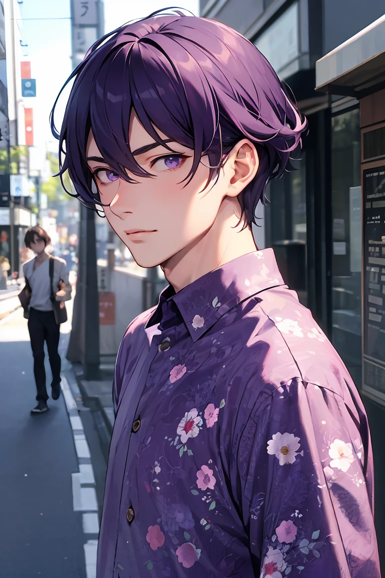 Masterpiece, best quality, Photo of a modern caucasian european man with wavy dark purple hair, detailed purple eyes, and a floral shirt on tokyo street