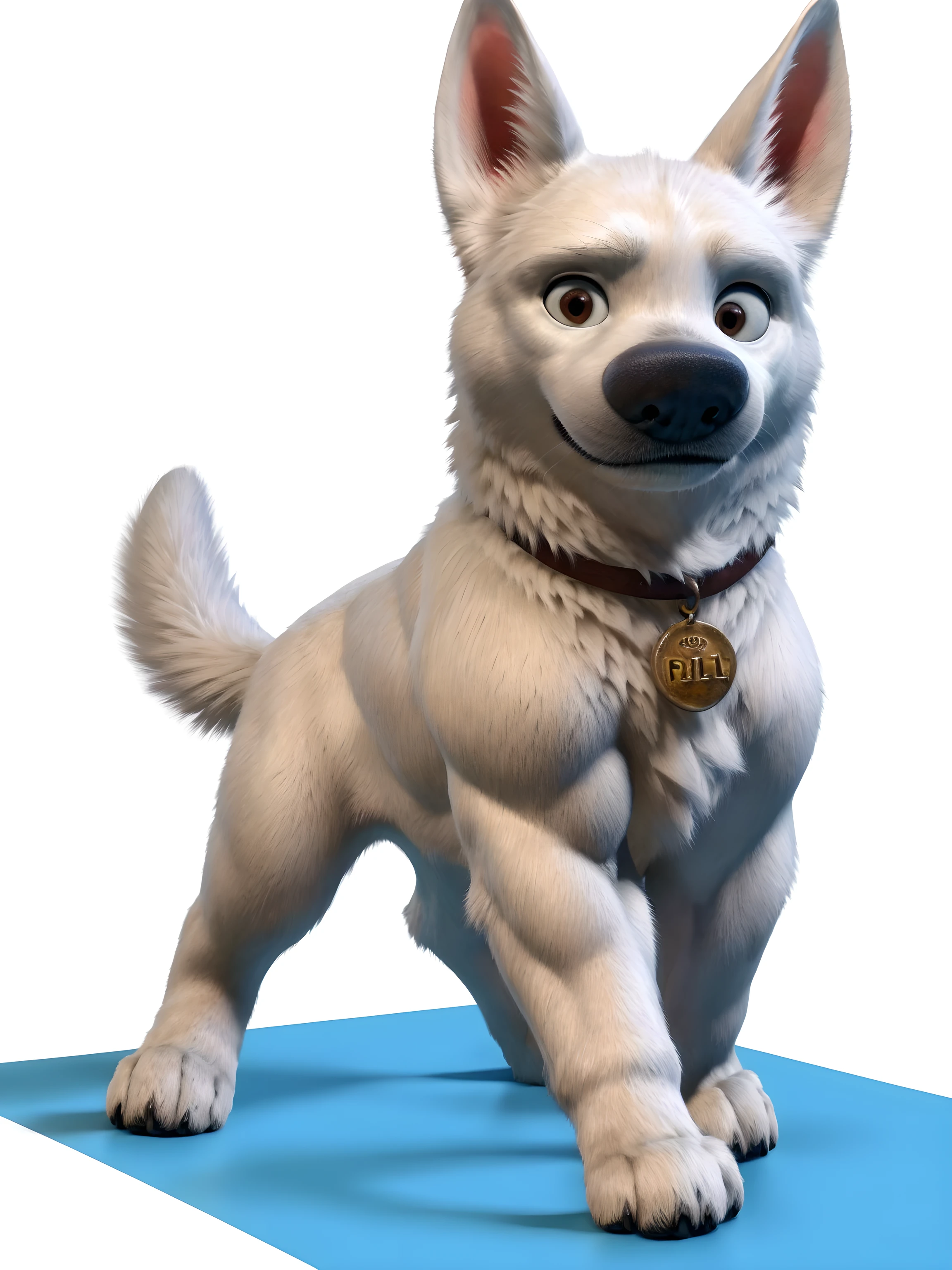 bolt the dog, adult, masculine, male, (quadruped, feral, feral dog):1.0, very muscular:1.5, muscles:1.5, strong chest, muscular shoulders, strong body, muscular neck, biceps, triceps, lats, muscular thighs, calves, vascular, veins, wide chest, taran fiddler style, virtyalfobo style, (no background, white background):1.3, realistic fur, detailed fur, detailed eyes, high quality, high resolution, detailed, collar, full body, muscular forelegs, muscular hindlegs, white fur, standing on back legs:1.1, legs spread