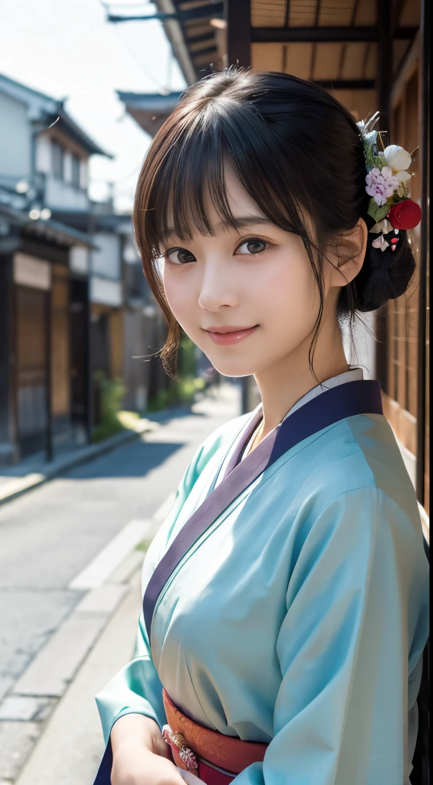 Professional Lighting,(Photorealistic:1.4), (Top image quality:1.0), (超A high resolution:1.0), 8k, Raw photography, (masterpiece:0.2), (Facing the children_v1:0.5)、(最高quality Detail:1.2)、Realistic、8K Ultra HD、High resolution、(1 girl:1.2)、超detailedな、High quality textures、複雑なdetailed、detailed、Very detailed CG、High quality shadows、detailed 美しく繊細な顔、Beautiful details and a delicate eye、(Symmetrical eyes:1.2),Written boundary depth、Ray Tracing,1 girl, Japanese Girls, (Natural smile:1.4),cute, thin, Portrait of a beautiful Japanese woman in a kimono, Standing elegantly on a street corner in Kyoto. Kimono with vibrant traditional patterns, Hair decorated with elegant and delicate hairpins, Gentle expression. (With the old streets of Kyoto in the background:1.4)、The soft light of a spring afternoon、Adding tranquility to the scene. Rendered in a Realistic style with great attention to detail, High resolutionの画像.Sky Porn, Magic Hour, (Realistic:1.3), finely, quality, (Tabletop:1.2), (Realistic:1.2), (最高quality), (複雑なdetailed), dramatic, Ray Tracing, photograph, +roller
