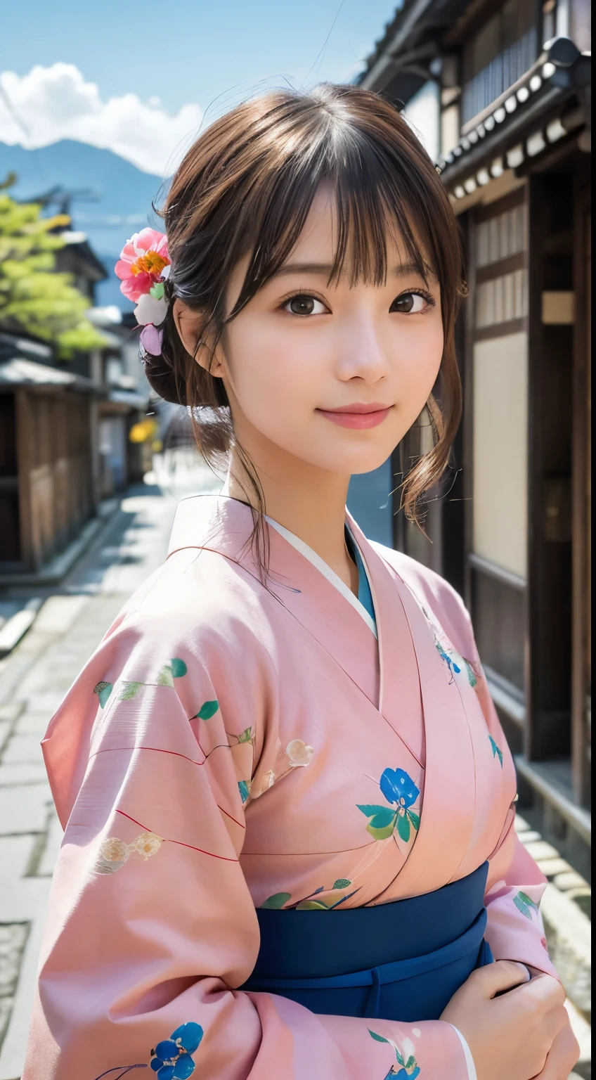 Professional Lighting,(Photorealistic:1.4), (Top image quality:1.0), (超A high resolution:1.0), 8k, Raw photography, (masterpiece:0.2), (Facing the ren_v1:0.5)、(最高quality Detail:1.2)、Realistic、8K Ultra HD、High resolution、(1 girl:1.2)、超detailedな、High quality textures、複雑なdetailed、detailed、Very detailed CG、High quality shadows、detailed 美しく繊細な顔、Beautiful details and a delicate eye、(Symmetrical eyes:1.2),Written boundary depth、Ray Tracing,1 girl, Japanese Girls, (Natural smile:1.4),cute, thin, Portrait of a beautiful Japanese woman in a kimono, Standing elegantly on a street corner in Kyoto. Kimono with vibrant traditional patterns, Hair decorated with elegant and delicate hairpins, Gentle expression. (With the old streets of Kyoto in the background:1.4)、The soft light of a spring afternoon、Adding tranquility to the scene. Rendered in a Realistic style with great attention to detail, High resolutionの画像.Sky Porn,ic Hour, (Realistic:1.3), finely, quality, (Tabletop:1.2), (Realistic:1.2), (最高quality), (複雑なdetailed), dramatic, Ray Tracing, photograph, +roller