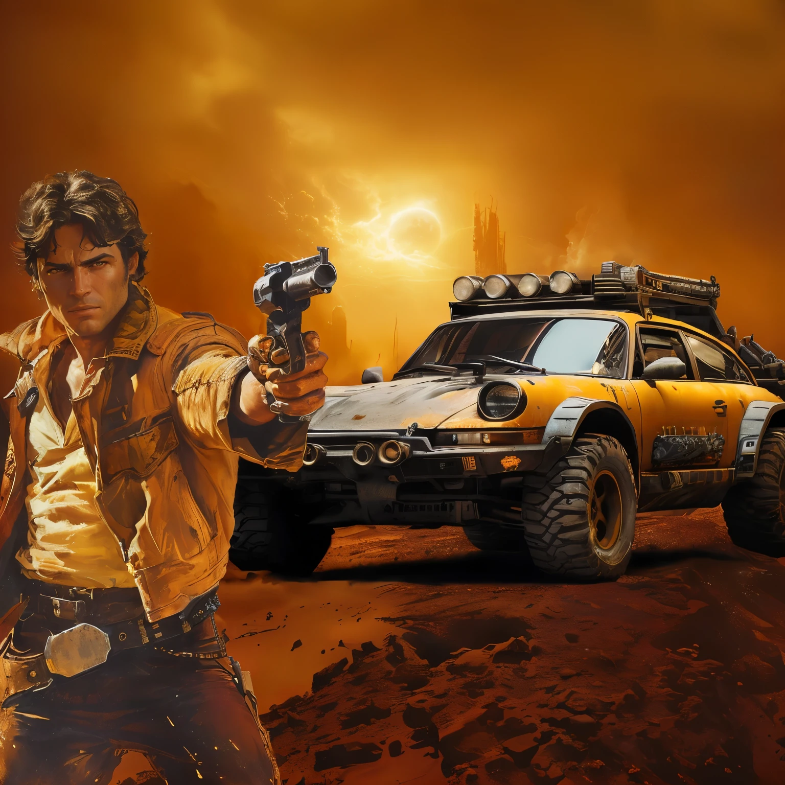 arafed image of a man holding a gun in front of a car, in mad max style, mad max dust storm, mad max style, mad max inspired, james gurney painting style, madmax, octane cgsociety, inspired by James Gurney, octane trending on cgsociety, octane. trending on artstation, space soldier on mars with a gun