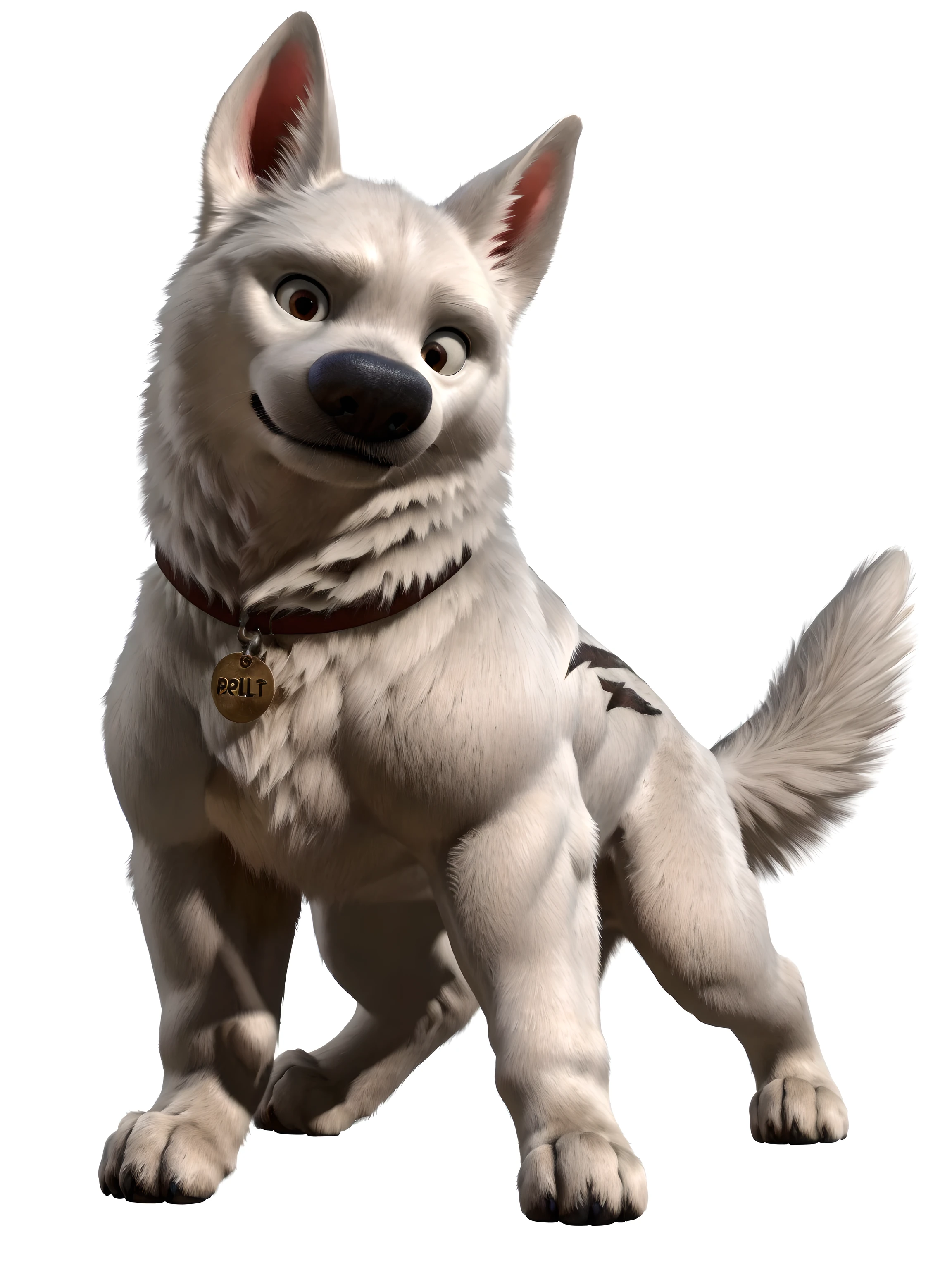 bolt the dog, adult, masculine, male, (quadruped, feral, feral dog):1.0, very muscular:1.5, muscles:1.5, strong chest, muscular shoulders, strong body, muscular neck, biceps, triceps, lats, muscular thighs, calves, vascular, veins, wide chest, taran fiddler style, virtyalfobo style, negger style, (no background, white background):1.3, realistic fur, detailed fur, detailed eyes, high quality, high resolution, detailed, collar, full body, muscular forelegs, muscular hindlegs, white fur, standing on back legs:1.1, legs spread, looking at camera