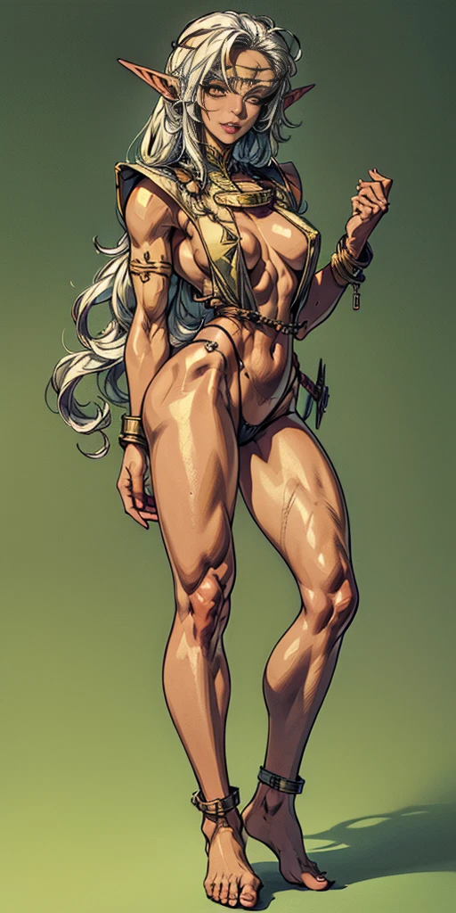 (Masterpiece, plain background:1.2) Female full body, standing straight symmetrical feet together, blood dark elf, dark skin, long messy white hair, short elf ears, circlet, yellow eyes, 1990s (style), female 1sologirl slingshot micro bikini, barefoot, bare handcuffs, shackles wristbands, bracers, bracelets, pauldrons metal shoulders