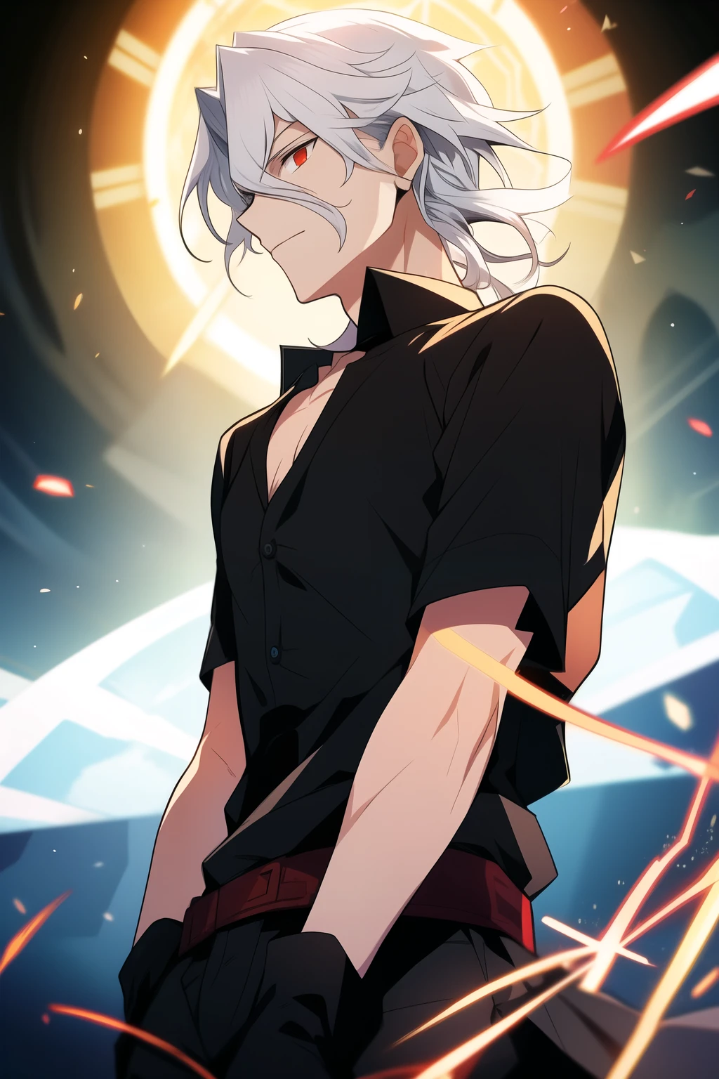 Edmond Dantes (Fate), male, white hair, red eyes, black shirt, with no hat, using powers.