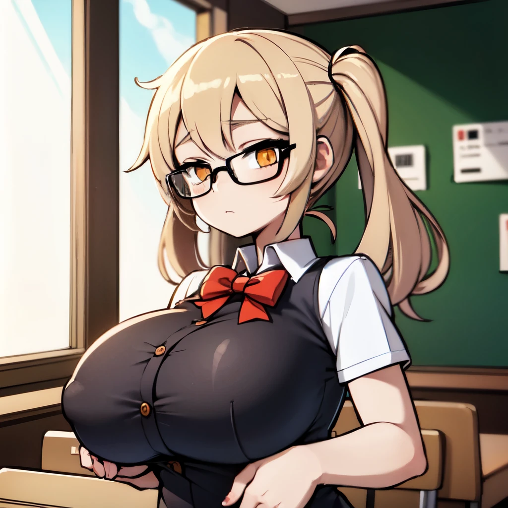 Calidad superior, Obra maestra, anime illustration of a girl, (1 chica),  She has brown hair and pigtails, she wears glasses and wears a very tight  uniform, she has huge tits and she is in a classroom. 