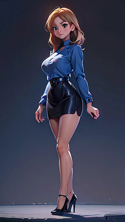 Full body photo、Front camera, Perfect Eyes, Brown eyes, 45 years old、Slender female teacher、Blonde medium hair、Standing in a tight blue suit with a black pencil skirt、Wearing high heels、big breasts and small waist、Wide Ass、Perfect proportions、