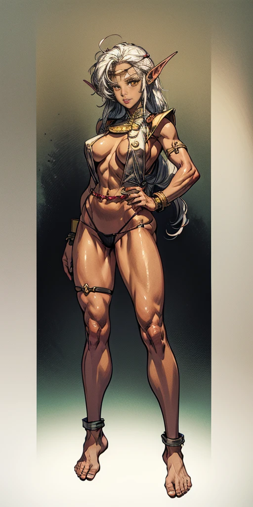 (Masterpiece, plain background:1.2) Female full body, standing straight symmetrical feet together, blood dark elf, dark skin, long messy white hair, short elf ears, circlet, yellow eyes, 1990s (style), female 1sologirl slingshot micro bikini, barefoot, bare handcuffs, shackles wristbands, bracers, bracelets, pauldrons metal shoulders