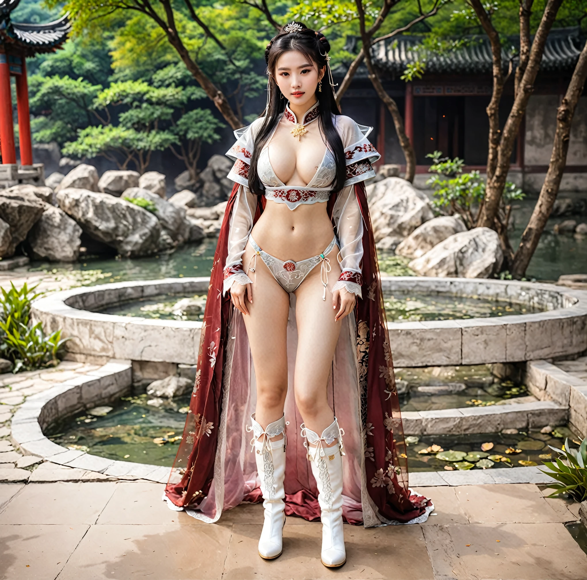 Chinese Hanfu princess，Short hair girl, Strong sexual desire，Burning with desire, Platinum lace underwear is almost transparent，see-through clothing，almost naked, Huge breasts，Long-legged girl, Wear metallic white boots, long cloak