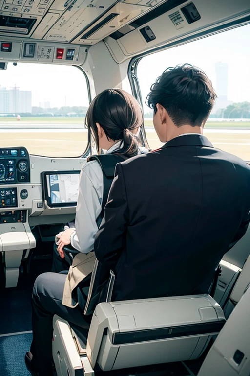 (8K), (Best Quality), (Mastepiece: 1.2)、Inside the aircraft Two men are seated Shot from behind