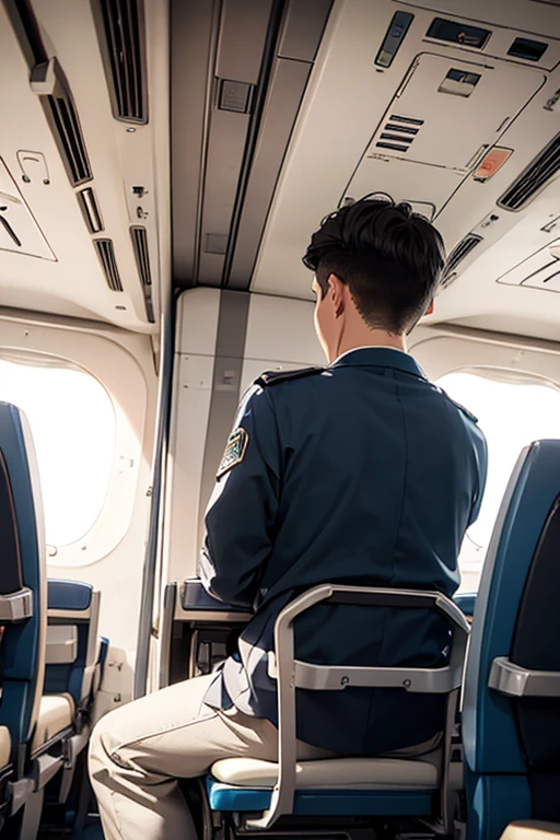 (8K), (Best Quality), (Mastepiece: 1.2)、Inside the aircraft Two men are seated Shot from behind