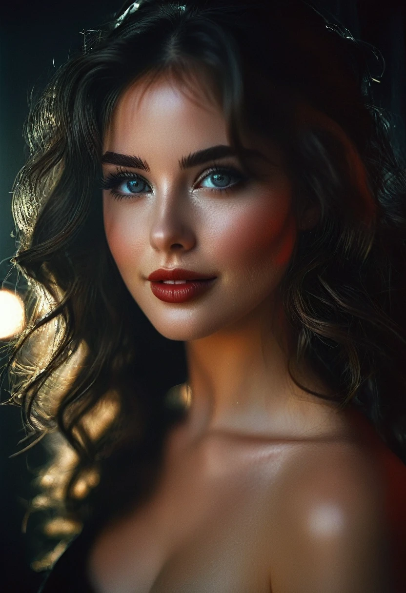 (((ultra realistic))) Photo, masterpiece, top quality, (pale skin), (Ultra detailed face and eyes:1.2), Bright eyes, 1 girl, hood, Dark background, (Eye makeup, mascara) , ((Dark wavy hair)) , ((Stylish hairstyle)) , (Natural breasts), (A slight smile), ((Posing)), photoshoot, studio (Contour lighting), (The play of light and shadows), depth of field, bokeh, (special attention to skin detail: 1.2), Detailed leather texture, skin pores. ((Dark and gloomy atmosphere of the frame. color scheme - black, Gray, Ashen, [[Red]] Tons)), ((Film grain, VHS effect)), ((rays)) , ((waist up portrait, close to the camera)) , ultra detialed,
