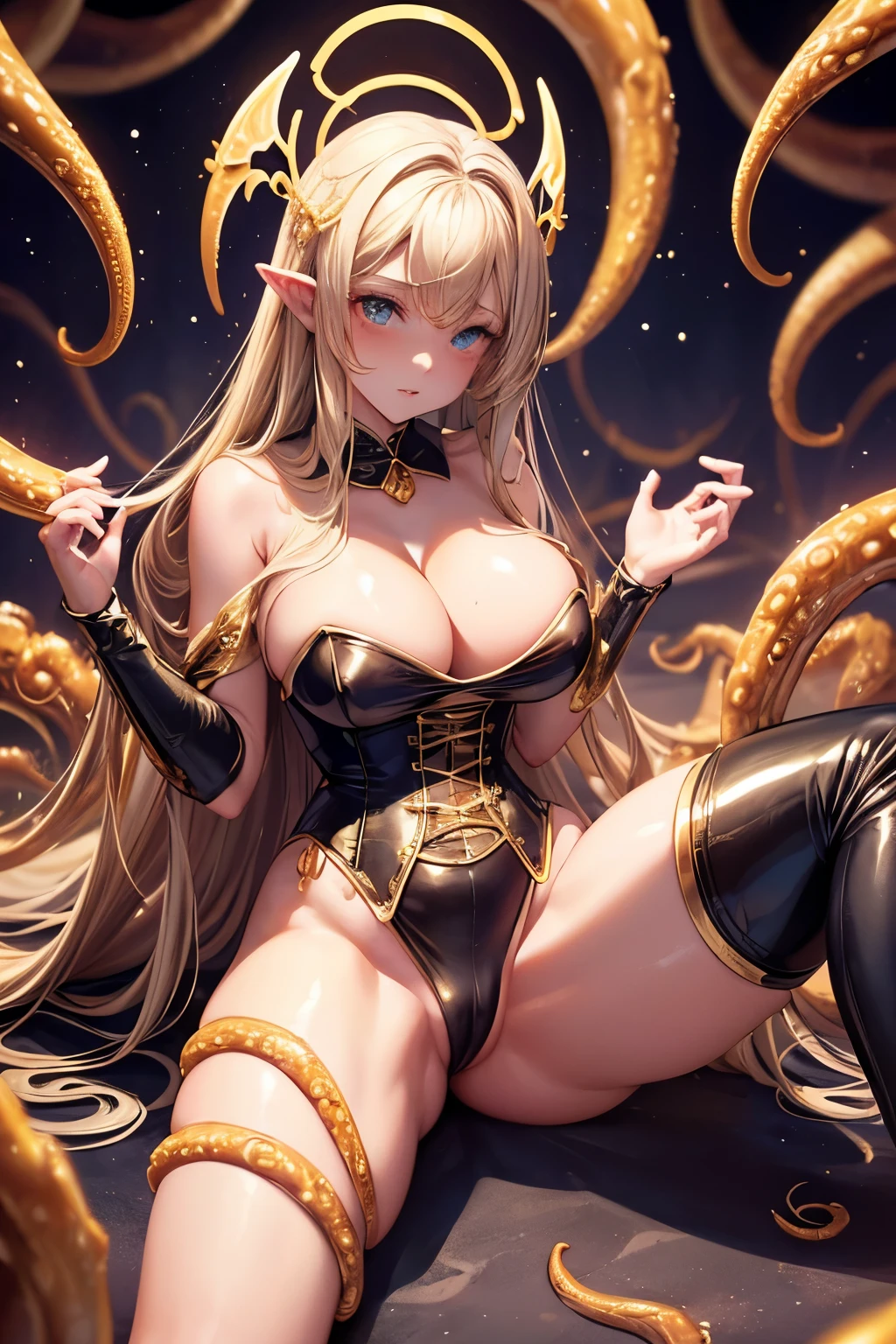 (Angel babe:1.2) in (gold corset:1.1), (angel female), (perfect shape), (gold lingerie:1.1), (detailed outfit:1.1), being (lifted into the air:1.1) and (gabbed by dark tentacles:1.2), (insemination), (round breasts), (bubble butt), (wide hips:1.1), (slim waist:1.1), (thick thighs:1.1), (detailed face and eyes:1.2), (tentacles around body:1.2), (squirting creampie), (angel has a halo:1.1), (tentacle squeez), (tentacle show), struggling, (spread legs), (tentacles wrap:1.1), (detailed hand and finger:1.2), (medium breasts:1.2), (busty), (deep cleavage:1.2).