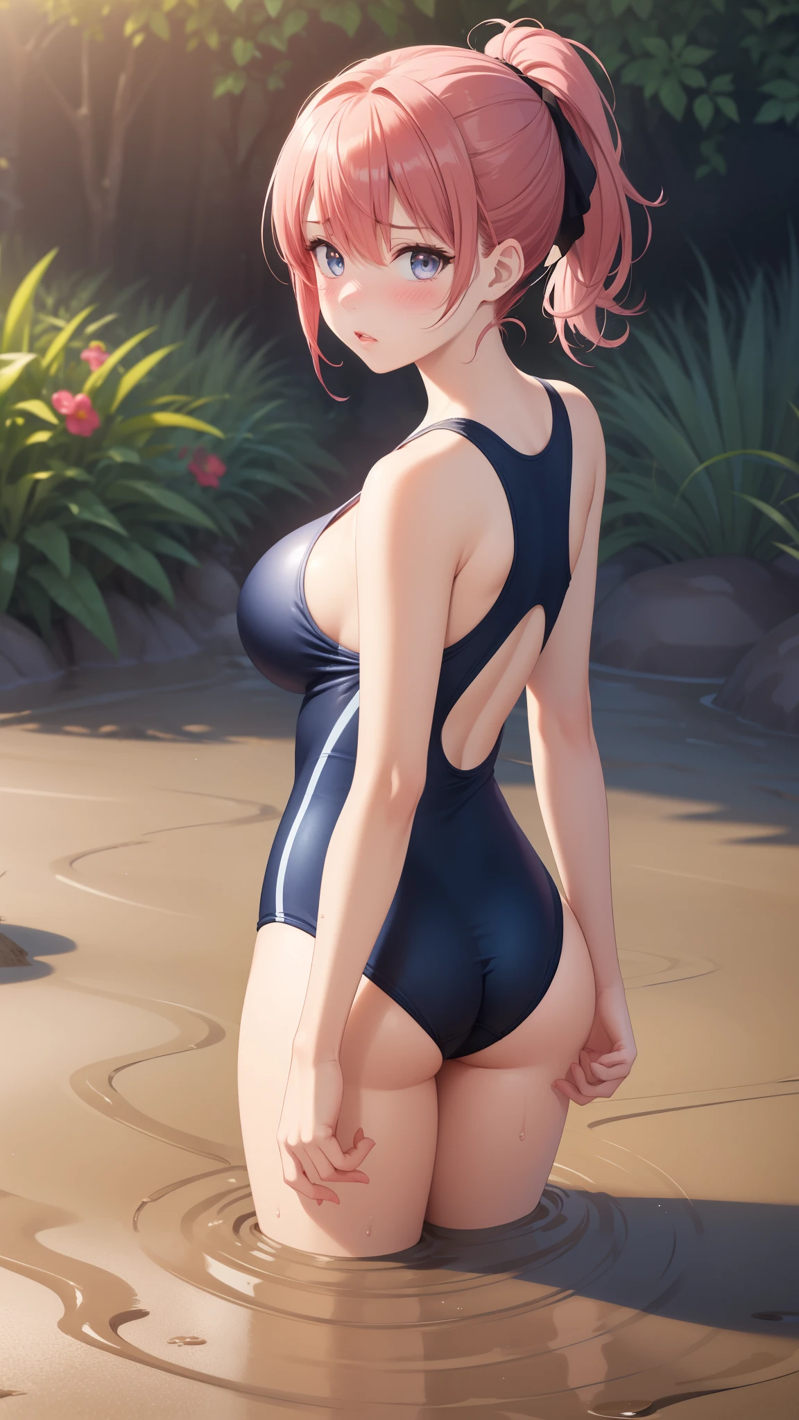1girl, natural lighting, masterpiece, highly detailed, illustration, game CG, absurdres, high quality, aichan, large breasts, beautiful detailed eyes, medium bright pink hair, ponytail, bangs, glossy lips, blush, garden, upset, (quicksand:1.2), one-piece swimsuit, from behind, looking back at viewer