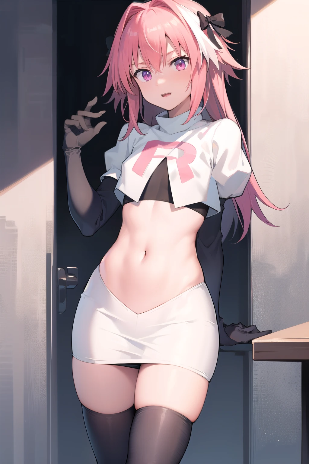1girl, mika (blue archive), solo, pink hair, wings, halo, long hair,single side bun, hair bun, yellow eyes, hair ornament, low wings, white wings, scrunchie, looking at viewer, hair flower, feathered wings, very long hair, angel wings, bangs, team rocket,team rocket uniform,white skirt,red letter R,crop top,black thigh-highs,black elbow gloves