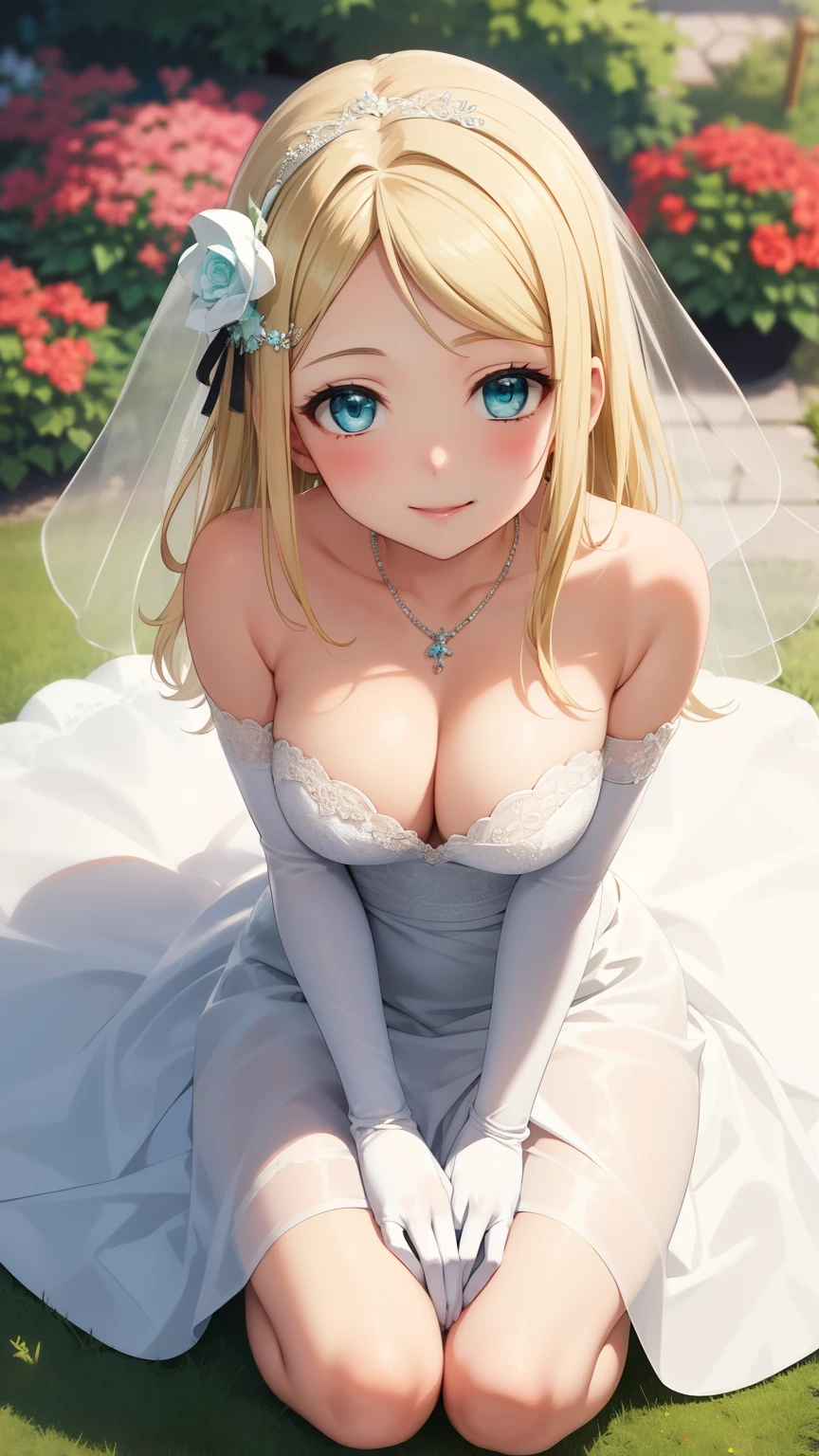 masterpiece, best quality, highly detailed, ultra high res, ayase arisa, 1girl, solo, hair ornament, long blonde hair, glossy lips, medium breasts, aqua eyes, wedding dress, light smile, elbow gloves, garden, necklace, kneeling, from above, (skirt spread around her)