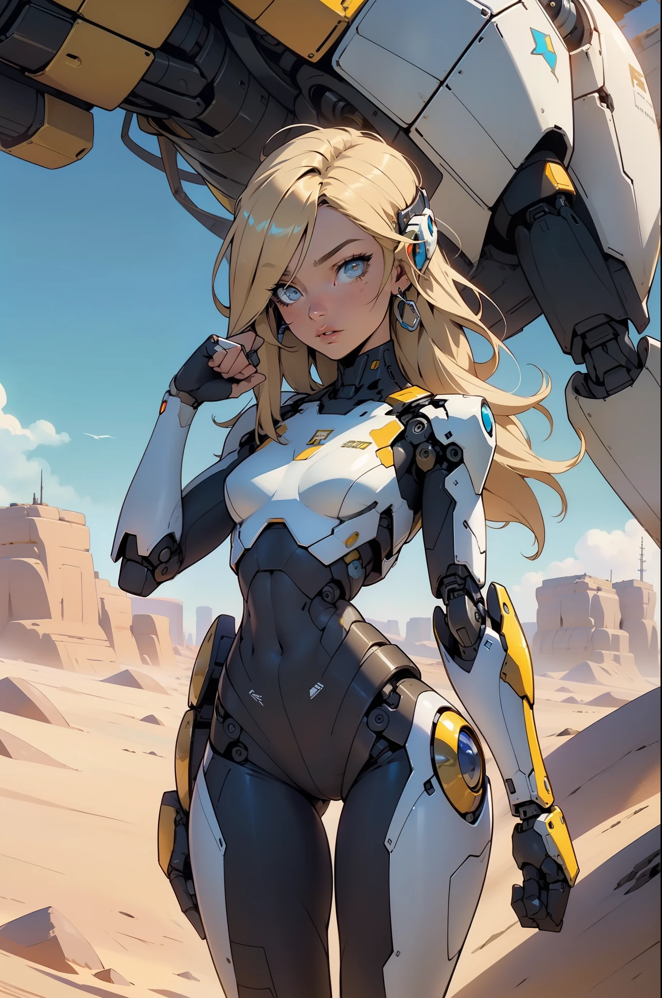 high quality, 4k, masterpiece, beautiful, cyborg girl, Cowboy shooting, Dull eyes, looking at the audience, Long blond hair, girl, Small Breasts, Slender thighs, Mechanical arm, robot body, Body, yellow accents, Intricate details, United, Detailed lines, Robot details, raise fist, Raise your hand as a fist, Colorful robot parts, Robot parts are colored, Perfect fingers, On the desert planet, Sunshine Background, colorful desert,