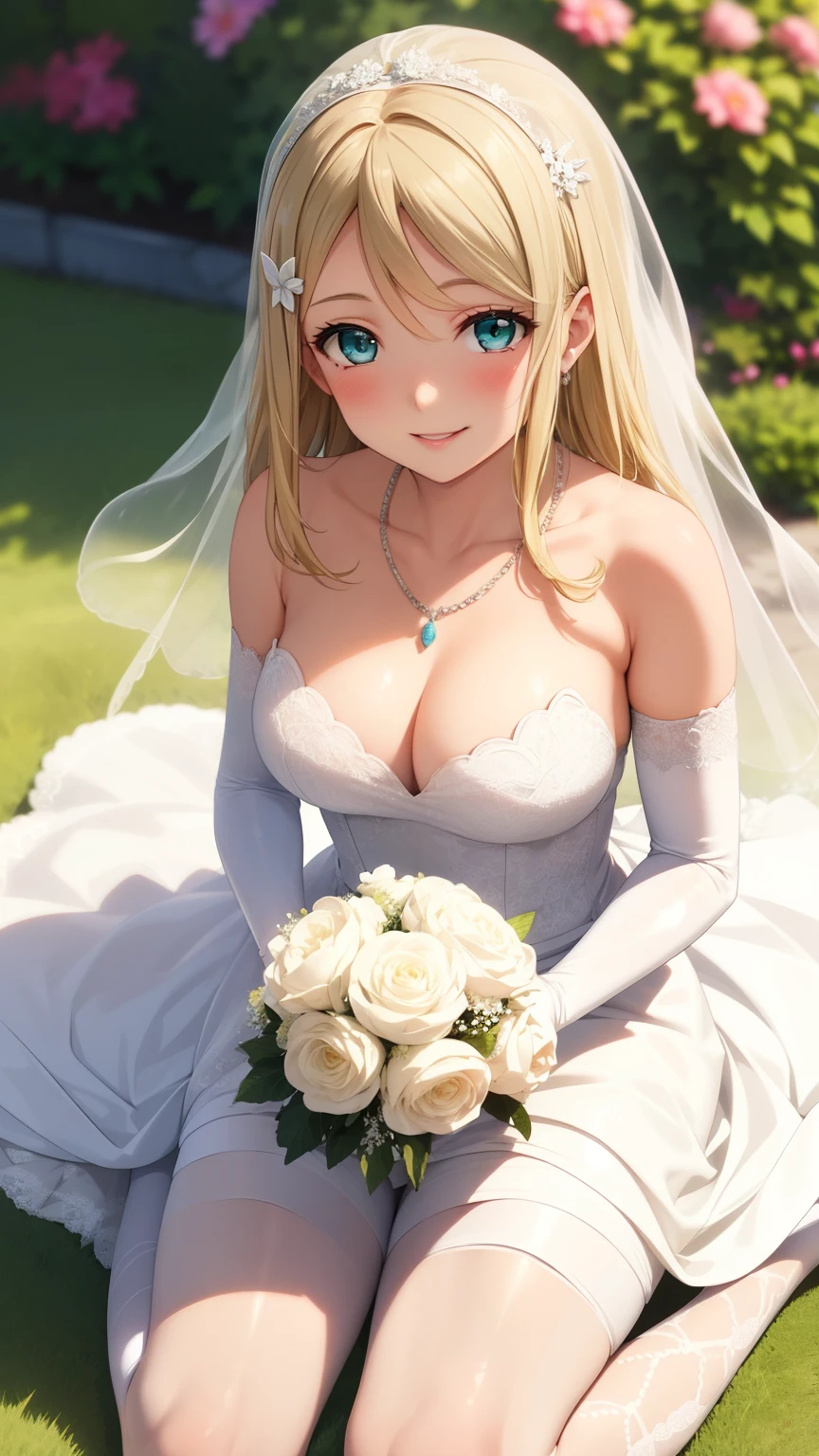 masterpiece, best quality, 1girl, very curly hair, blonde hair, shiny hair, tiara, diadem, medium breasts, narrow waist, looking at viewer, glossy lips, good lighting, latifa fleuranza, blush, wedding dress, necklace, garden, elbow gloves, light smile