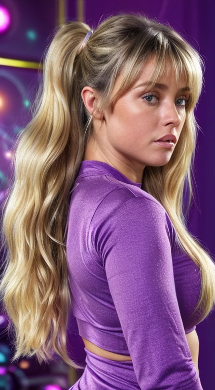 Ultra realistic, 16k, best quality, purple shirt, shirt, long hair with ponytail, blonde, forehead protector, neckband, 1 girl, alone, bangs, looking at audience, closed mouth, elbow sleeve, eyes visible through hair, floating hair, foreshortening, blue eyes, hair intake, parted bangs, blonde hair, big natural breasts, big hips, thick legs, detailed background, detailed background, bedroom, (ultra detailed), ( 8K, intricate), light particles, lighting, full body, (highly detailed:1.2), (gradients), SFW, Colorful, (detailed background), Daylight, Alone, Sexy Posing, different sexy poses, 