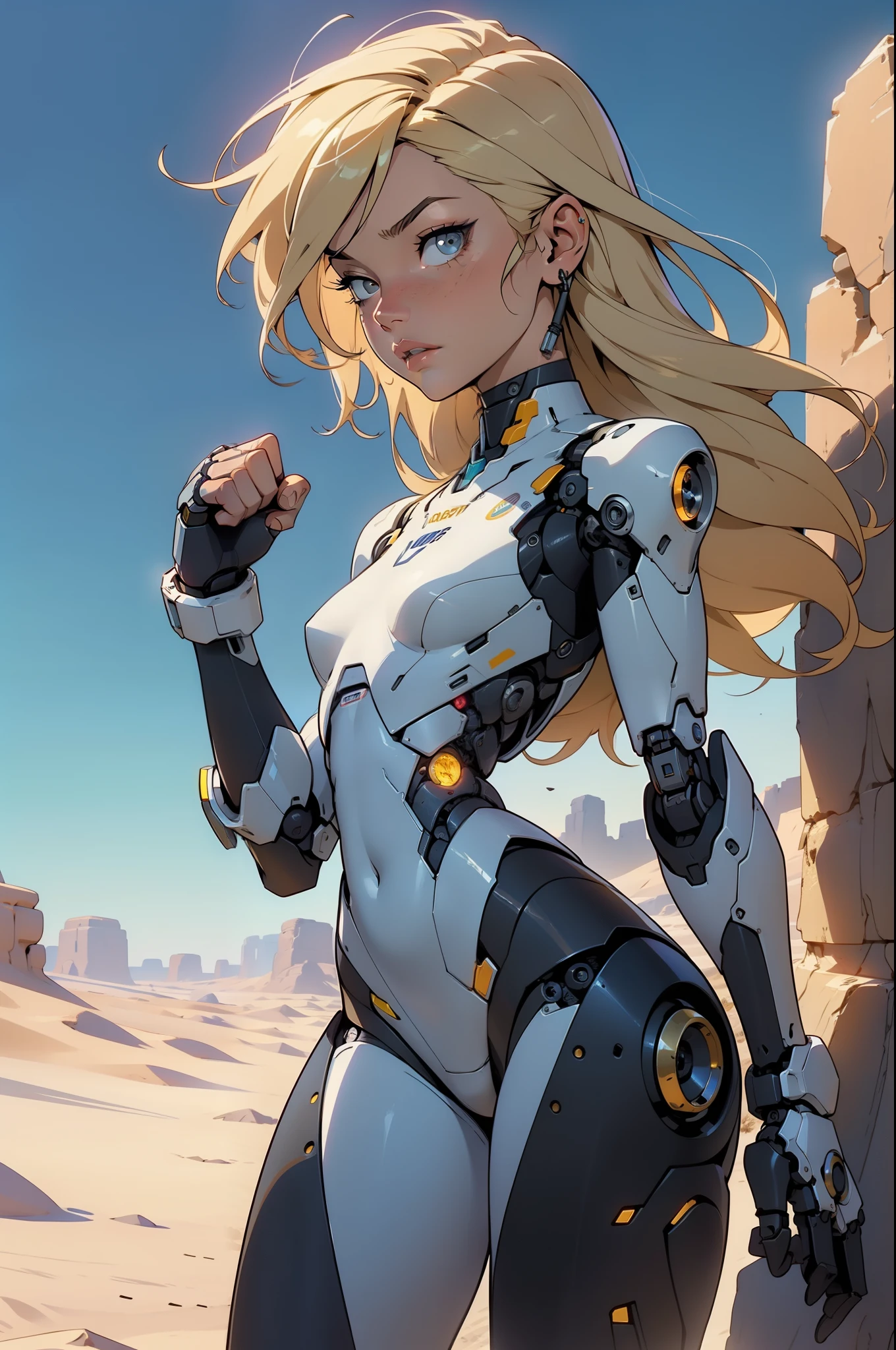 high quality, 4k, masterpiece, beautiful, cyborg girl, Cowboy shooting, Dull eyes, looking at the audience, Long blond hair, girl, Small Breasts, Slender thighs, Mechanical arm, robot body, Body, yellow accents, Intricate details, United, Detailed lines, Robot details, raise fist, Raise your hand as a fist, Colorful robot parts, Robot parts are colored, Perfect fingers, On the desert planet, Sunshine Background, colorful desert,