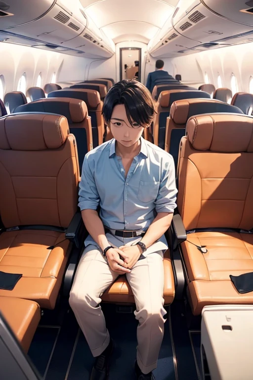 (8K), (Best Quality), (Mastepiece: 1.2)、Inside the aircraft　Two men are seated　Shot from the back seat