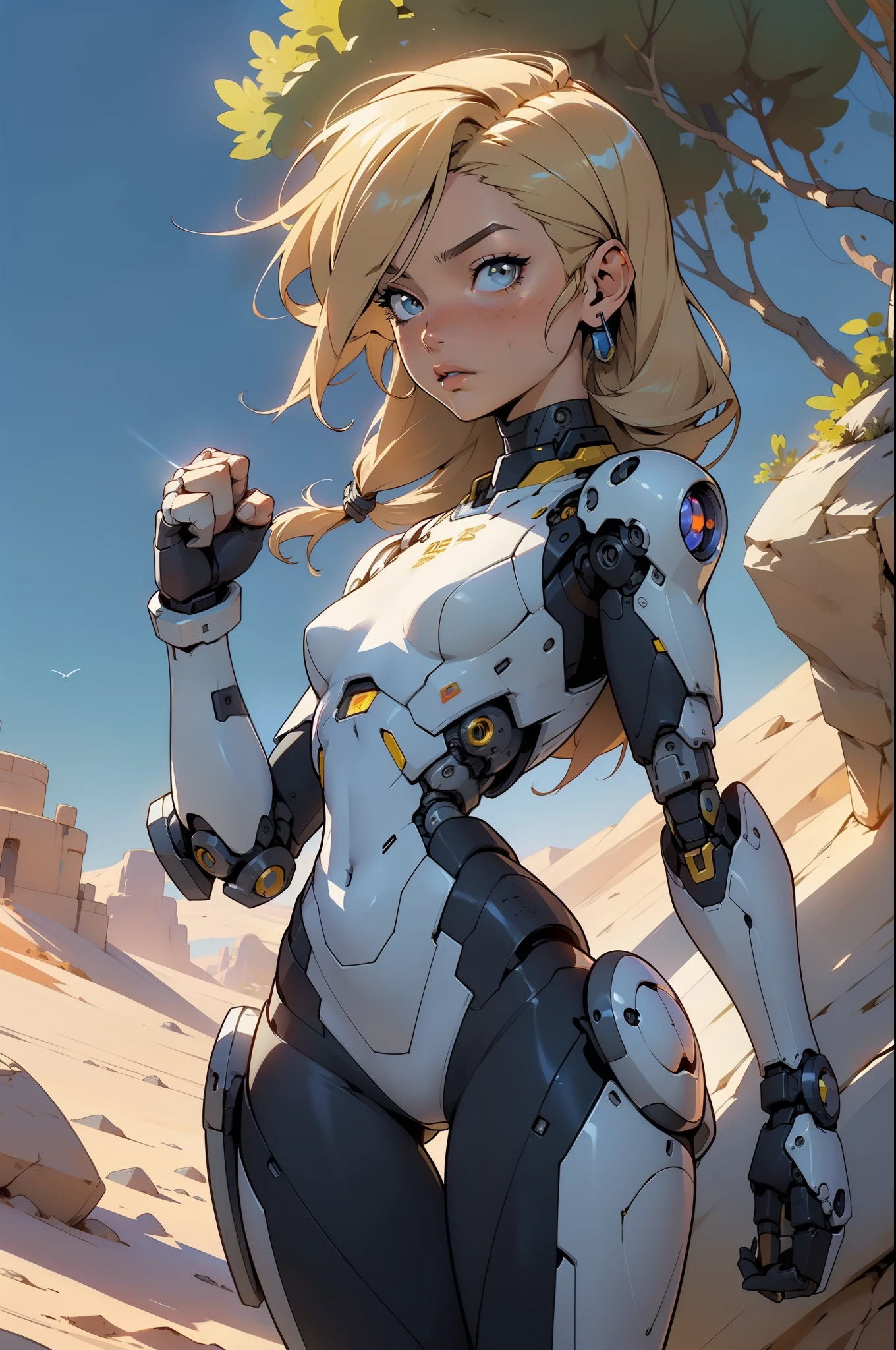 high quality, 4k, masterpiece, beautiful, cyborg girl, Cowboy shooting, Dull eyes, looking at the audience, Long blond hair, girl, Small Breasts, Slender thighs, Mechanical arm, robot body, Body, yellow accents, Intricate details, United, Detailed lines, Robot details, raise fist, Raise your hand as a fist, Colorful robot parts, Robot parts are colored, Perfect fingers, On the desert planet, Sunshine Background, colorful desert,