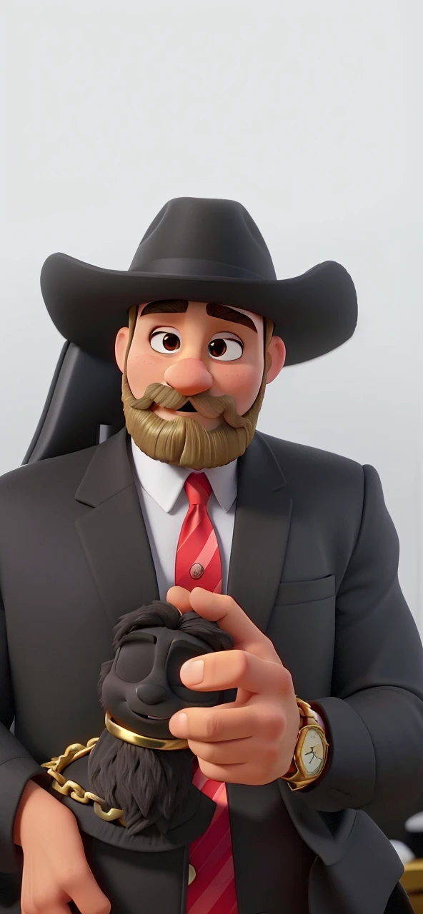 Um homem forte, moreno, olhos castanhos escuros, bald men, com barba, wearing a gold chain around his neck and a gold watch on his left wrist, dentro do shopping, com estilo disney pixar, alta qualidade, melhor qualidade