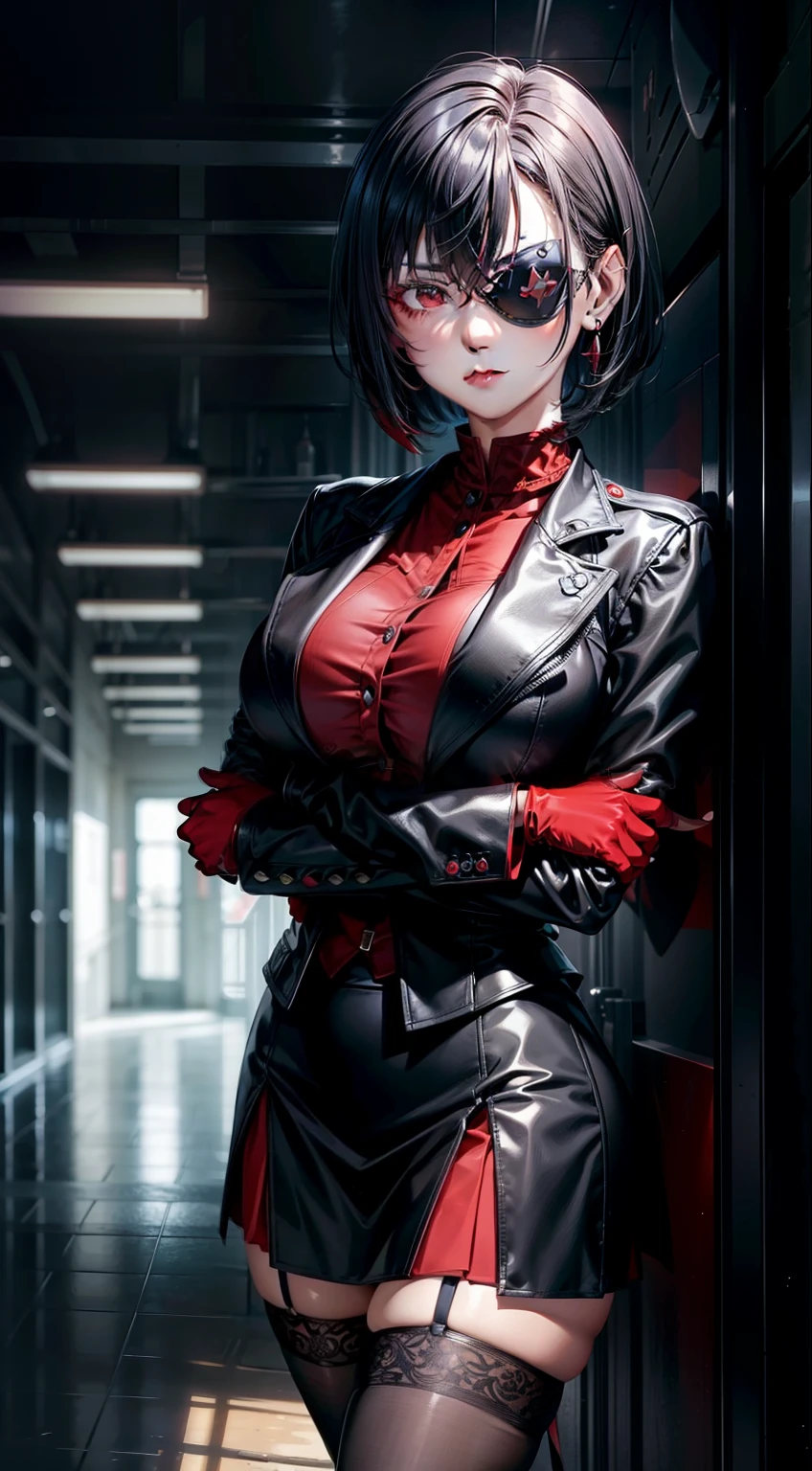 masterpiece, highest quality, High resolution, 1 girl, Black Hair, very short hair, red eye, eye patch,Black Suit, Bright, Close, earrings, closed, arms under breast, both arms visible, red gloves, skirt, thinner legs with stockings,
