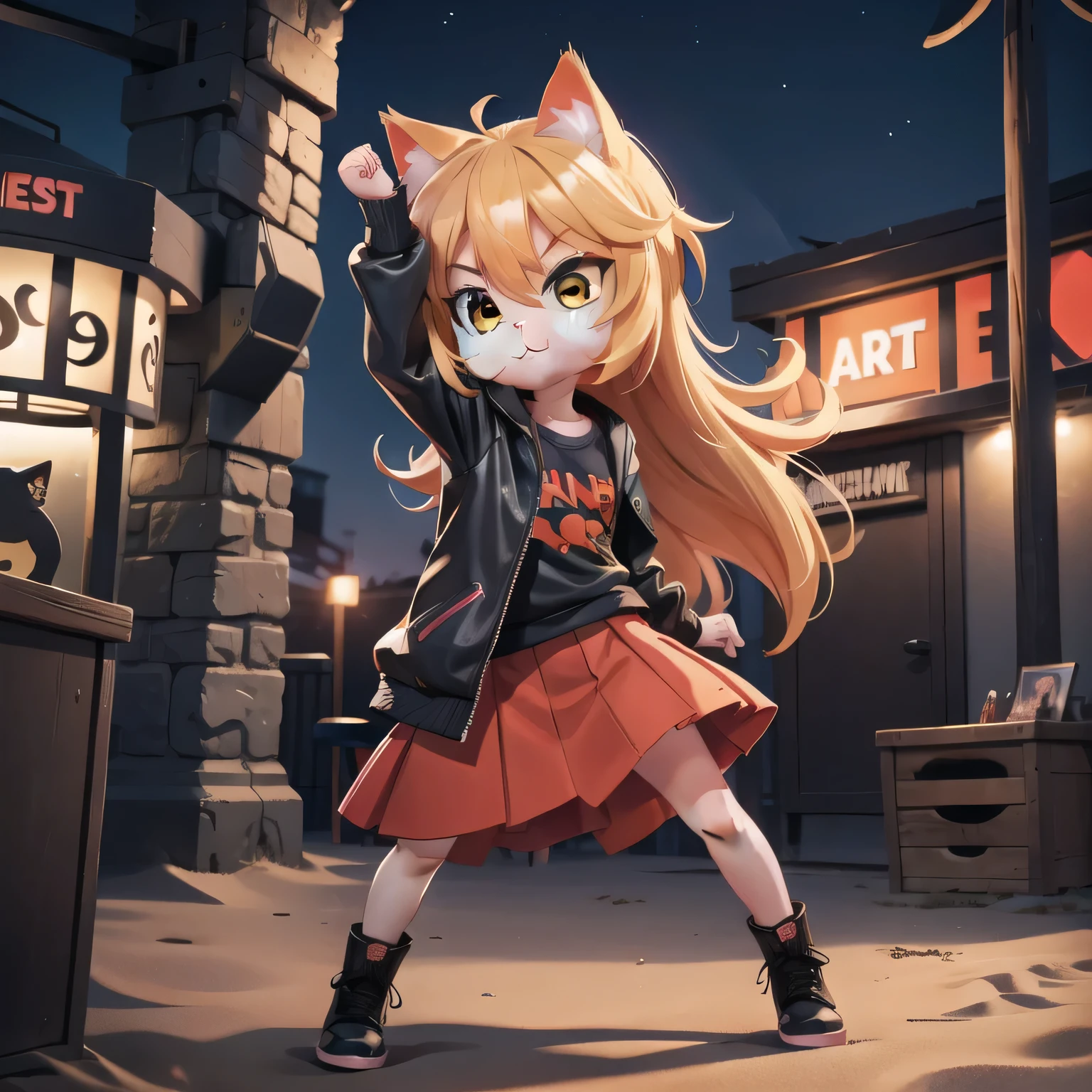 1girl, night beach, music scene, outdoor, black jacket, Red T-shirt, dancing ,blond hair, rock star, cat ears, animal ears, cat girl, necoarc, :3, long skirt, boots, red eyes, 1 hand up
