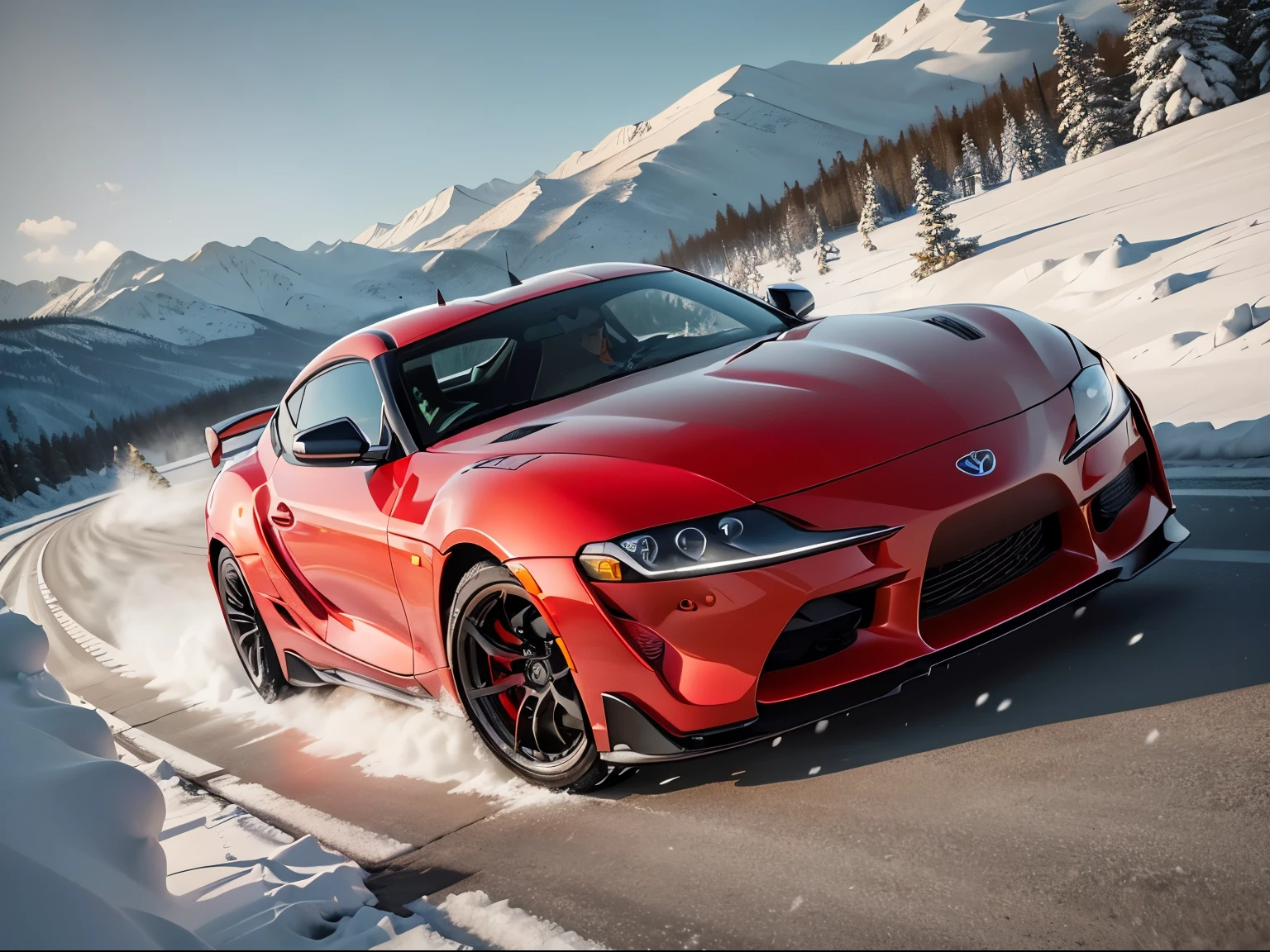Toyota Supra WRC driving on a snow-covered mountain road from a low angle perspective. (Toyota Supra WRC), Capturing the scene as an illustration with detailed textures, Fresh snowflakes falling from the sky creating a sense of motion, The Supra's wheels splashing snow as it speeds through the curves, falling snowflakes, splashing snow, (best quality, 4k, 8k, highres, masterpiece:1.2), ultra-detailed, (realistic, photorealistic, photo-realistic:1.37), HDR, UHD, Emphasizing the dynamic nature of the rally car in action, action-filled, Utilizing cool tones to reflect the snowy environment, with pops of vibrant colors on the rally car, cool tones, vibrant colors, Illuminated by soft, diffused natural light, highlighting the Supra's stylish lines and contours, soft natural lighting,