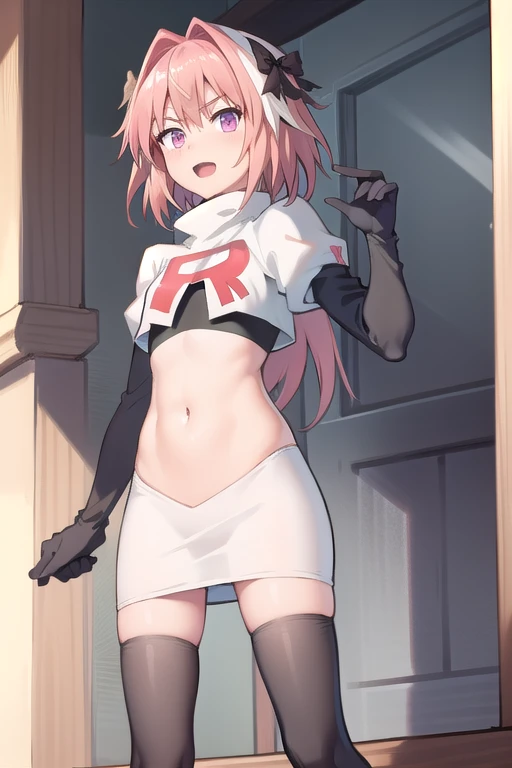 absurdres, masterpiece, best quality, astolfo fate,1boy, male focus, trap, pink multicolored hair, pink hair, white hair, hair intakes, long hair, pink detailed eyes, crossdressing,1boy, team rocket,team rocket uniform,white skirt,red letter R,crop top,black thigh-highs,black elbow gloves, cowboy shot