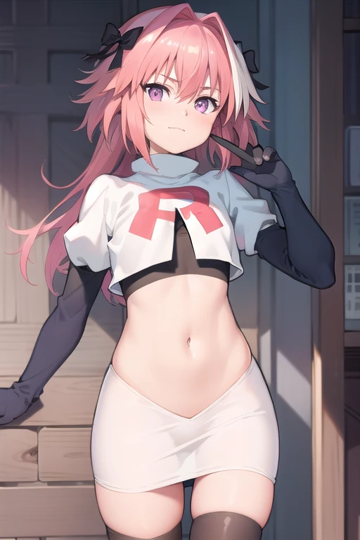 absurdres, masterpiece, best quality, astolfo fate,1boy, male focus, trap, pink multicolored hair, pink hair, white hair, hair intakes, long hair, pink detailed eyes, crossdressing,1boy, team rocket,team rocket uniform,white skirt,red letter R,crop top,black thigh-highs,black elbow gloves, cowboy shot