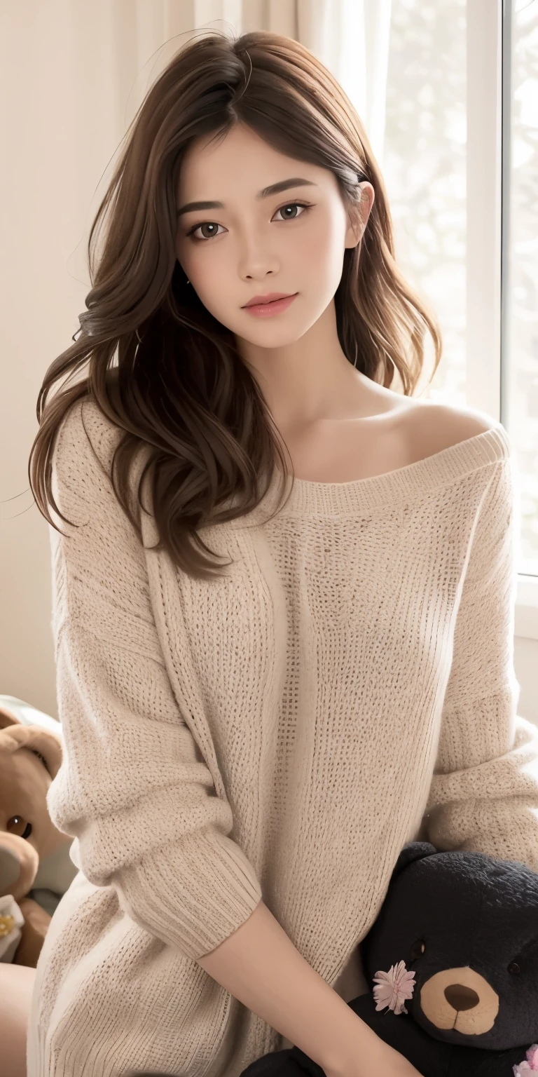 Cinematic photo, 1 beauty: 1.2, pale color sweater, long brown hair, super detailed face, sitting on white sofa, background: sea resort, outdoor, sunlight, camera gaze