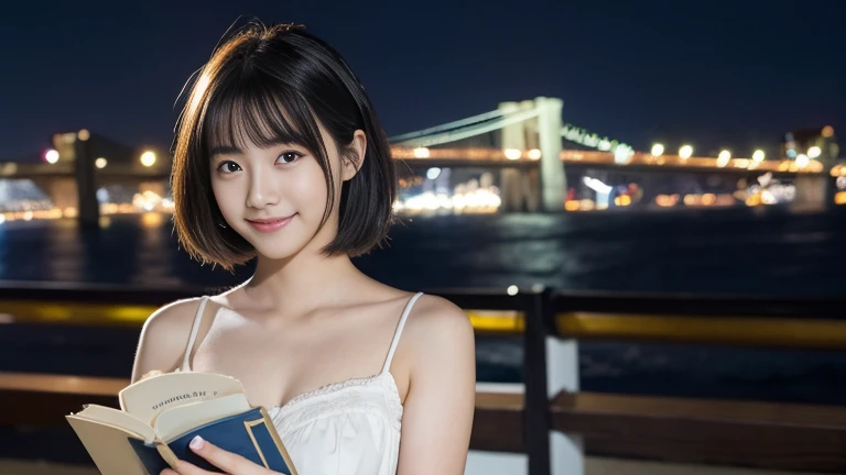 最high quality, Tabletop, High resolution,24 years old wearing white camisole, 1 girl,Very beautiful face,(Holding a manga book),（Ultra-high definition photography of extremely beautiful faces）（black camisole）hair ornaments,, Gemstone Diamond,Realistic, New York night view、Blur the background、,Full body image,(High resolutionの肌:1.2),Smiling and looking at the camera,Full body image 8K UHD, Digital single-lens reflex camera, In the soft and bright sunlight,high quality, Volumetric lighting, Frank, photograph, High resolution,Full body image,4K、Japanese college student、A sloppy smile、Please stand up straight、((((上半身のphotograph)))),one person,Short Hairstyles、camisole