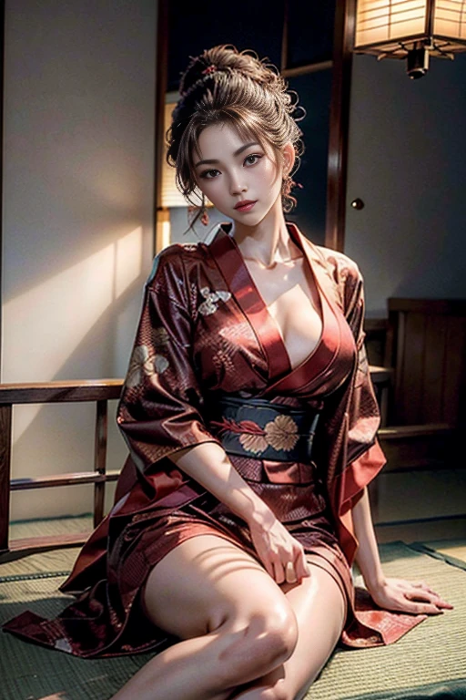 (8k, Official Art、CG)、Beautiful and aesthetic、Charm, Very detailed, (Beautiful proprietress of a Japanese inn)、(Delicate face、Detailed eyes and face、double eyelid、Red lipature adult woman、妖艶でsexyな女性、Dark brown updo、kimono、Very detailedkimono、Large Breasts、Sharp long legs、a room of proprietress、tatami、Shoji screen.  ((sexy、Sitting))、Ultra-high resolution, highest quality, 8K,masterpiece、Ultra HD、Dramatic lighting, Award-winning quality