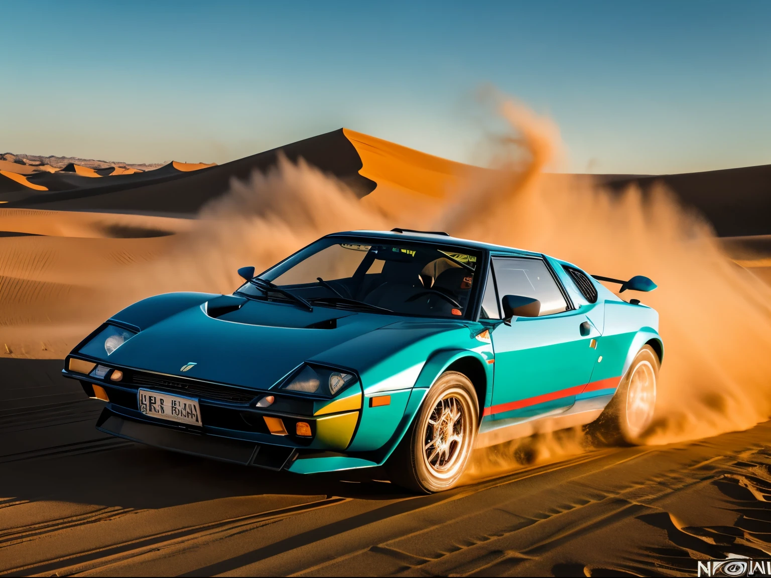 alitalia color lancia stratos exploding in the desert,sand explosion,orange,shimmering sand dunes,sunlight streaming through the clouds,classic car silhouette,distant mountains,extreme detail description,ultra-detailed,stratos' flared fenders,dust particles in the air,roaring car engine,vivid colors,striking contrasts,bokeh,artistic portrayal,photorealistic,stunning sunset,unforgettable desert adventure