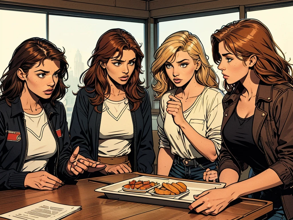 typical poor college campus hall:1.2,metal square tray:1.2, morning, bad reputation girls, girls gang, chatting, gossip, modern teenager outfit:1.2, blond, black-haired, red-haired, simple table, empty bright background,