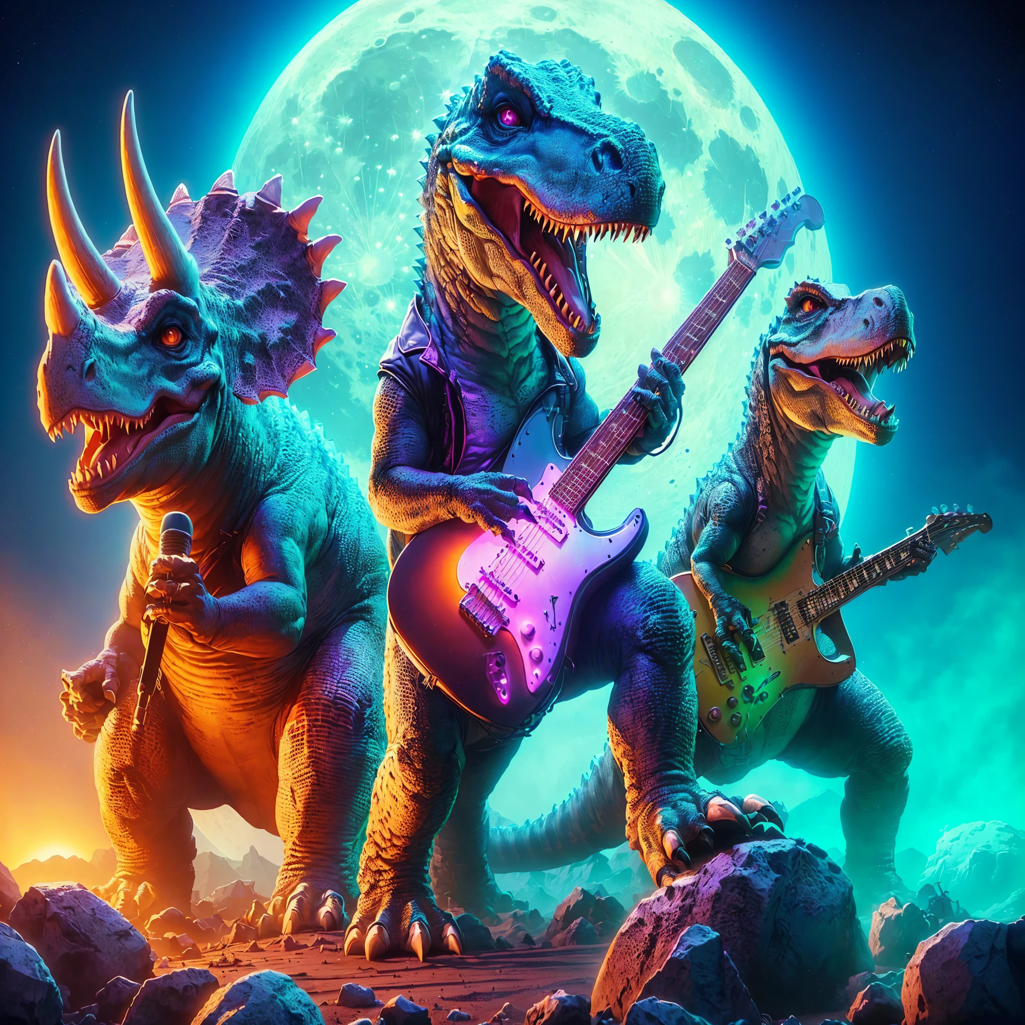 there are three dinosaurs playing guitar in front of a full moon, background artwork, by Wayne England, epic retrowave art, synthwave art, inspired by Adam Rex, by Randy Gallegos, dinosaurs, 3 d epic illustrations, jurassic image, synthwave art style, synthwave image, by Ignacio Zuloaga, rocking out, detailed game art illustration