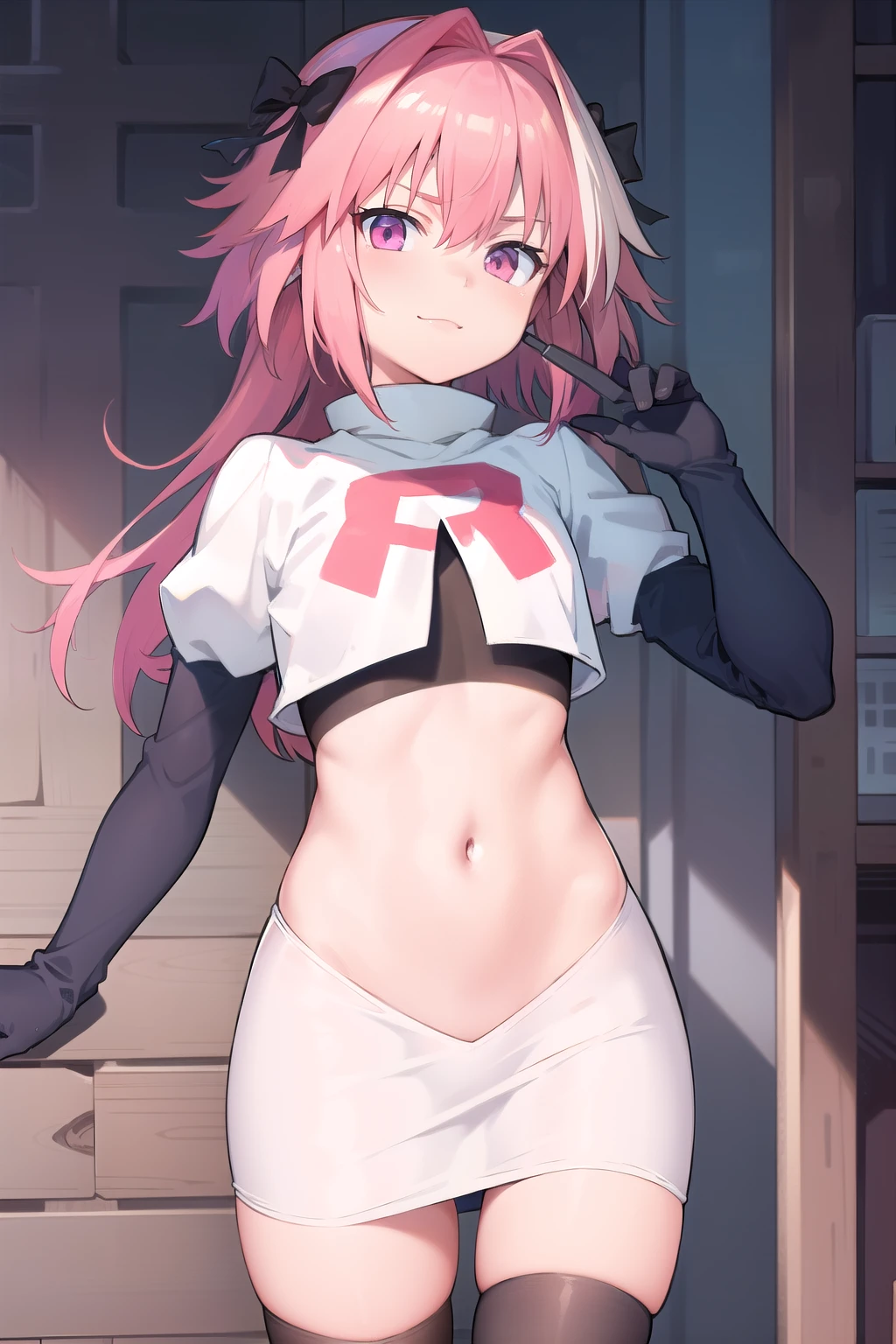 absurdres, masterpiece, best quality, astolfo fate,1boy, male focus, trap, pink multicolored hair, pink hair, white hair, hair intakes, long hair, pink detailed eyes, crossdressing,1boy, team rocket,team rocket uniform,white skirt,red letter R,crop top,black thigh-highs,black elbow gloves, cowboy shot