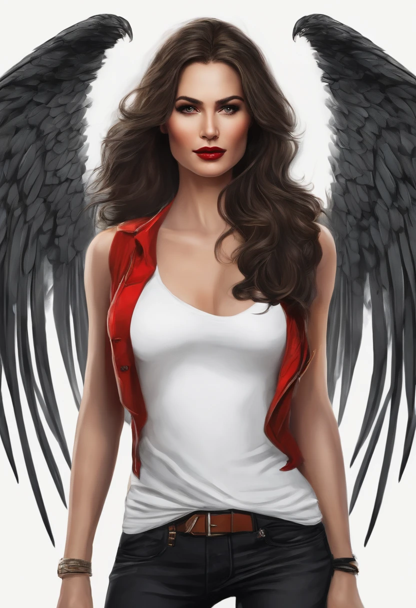 Light brunette woman from the front aged between 35 and 40 years tall highly defined face black eyes red lipstick white tank top black jeans long hair slightly annulated with wings of fire like a phoenix, warrior look with a guitar in her hand, scenery of a large avenue and several buildings 