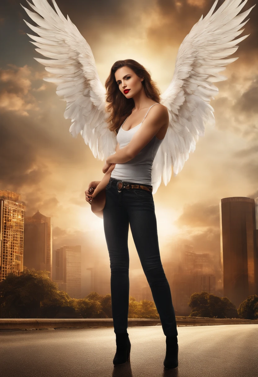 Light brunette woman from the front aged between 35 and 40 years tall highly defined face black eyes red lipstick white tank top black jeans long hair slightly annulated with wings of fire like a phoenix, warrior look with a guitar in her hand, scenery of a large avenue and several buildings