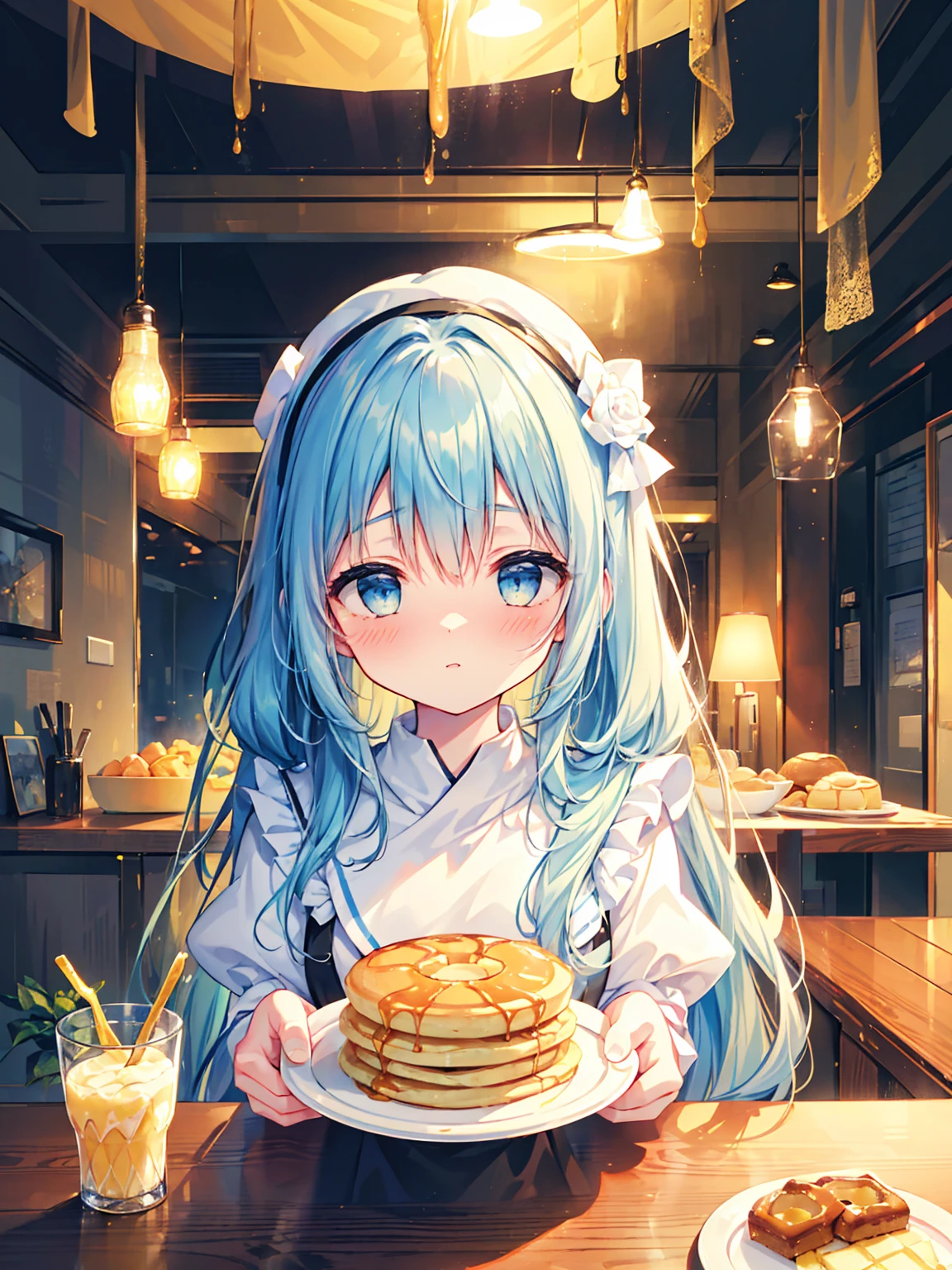 ((masterpiece, best quality, extremely detailed, absurdres)),, masterpiece, best quality, extremely detailed, (((light blue long hair))), long hair cute anime faces,detailed light,parted lips,shiny、beautiful detailed face,,longhair、(((( light blue long hair)))),,10 years old, , 1girl, solo, flat chest, blush, bangs, 

caramel、Perfect beautiful woman, baker, amazing artwork of bakery, decora inspired illustrations,there is a plate with a stack of pancakes with whipped cream on top, Whipped cream on top, mouthwatering, Cute:2, dessert, a cake, marmalade, cream, whipped cream, caramel, vanilla, recipe, pancake short large head, Warm,, honey, basic、masterpiece, best quality, ultra-detailed, illustration, 1woman, single, solo, sweets, candies, desserts, pastries, cakes, chocolates, cookies, ice cream, frozen yogurt, doughnuts, pastries, sweet treats, sugar, sugar rush, indulgence, pleasure, overindulgence, excess, extravagance, opulence, luxury, riches, wealth, comfort, cozy, warm, inviting, alluring, tempting, seductive, irresistible, mouthwatering, delicious, appetizing,

