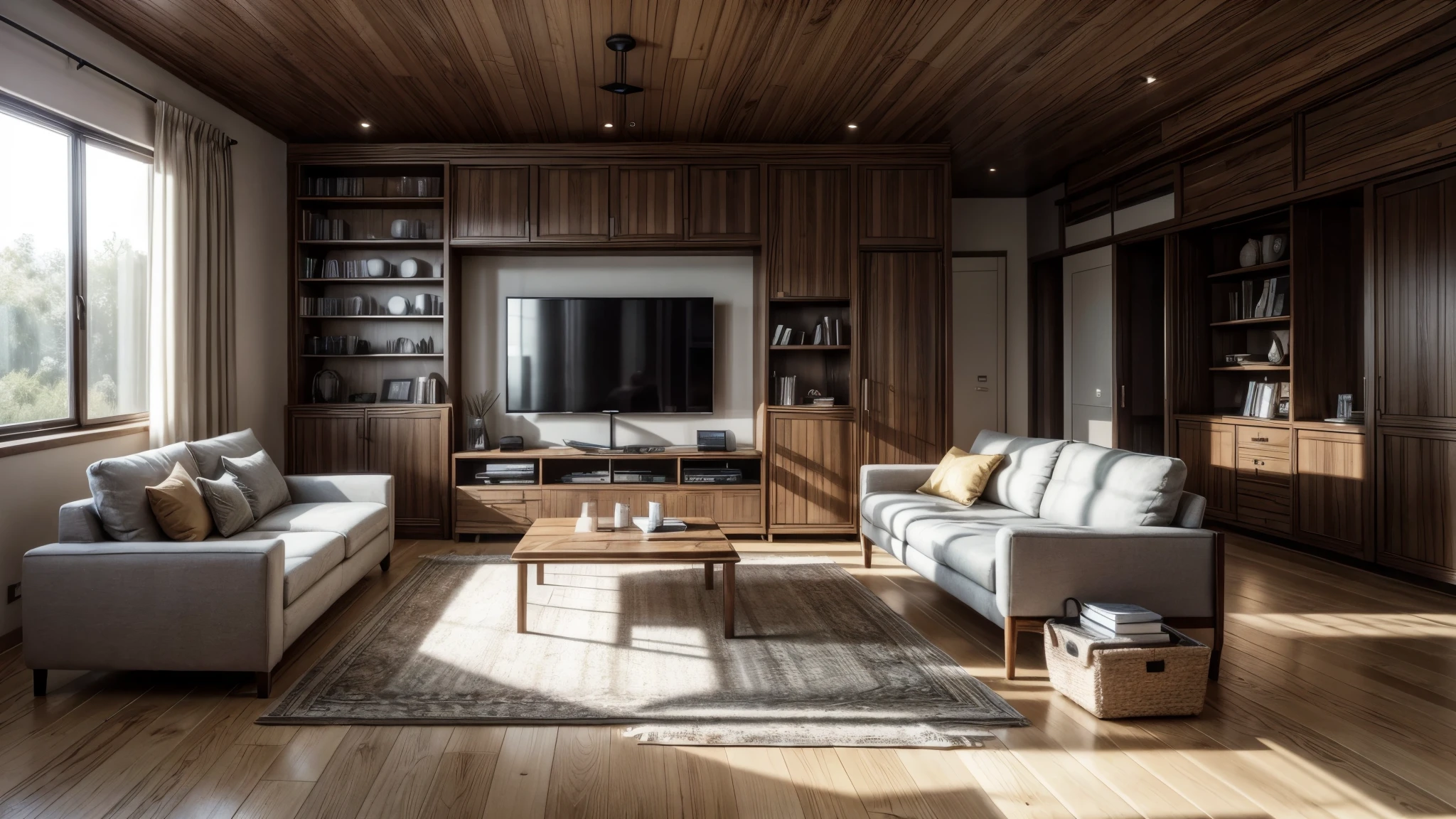 living room of a house, (low lighting environment, low light) the polished wooden floor. Each plank is carefully varnished, giving the room a feeling of warmth and welcome. In the center of the room, a spacious and inviting sofa awaits, its soft, voluminous upholstery inviting you to settle in and lose yourself in its comfortable embrace. The cushions are a mix of textures and patterns, adding a touch of sophistication to the otherwise plain furniture. The solid wood coffee table proudly displays a collection of well-loved books and personal artifacts. (On the opposite wall, the large flat-screen TV dominates the space), surrounded by a modern frame that adds a touch of sophistication to the room. A simple bookshelf to the side displays an array of books and decorative objects, each carefully chosen to complement the room's relaxed style. (dynamic angle), (night), (8K, super details, better quality, ambient occlusion, reflections, ambient light, high resolution, Cinematic lighting, ambient occlusion, perfect shadows)