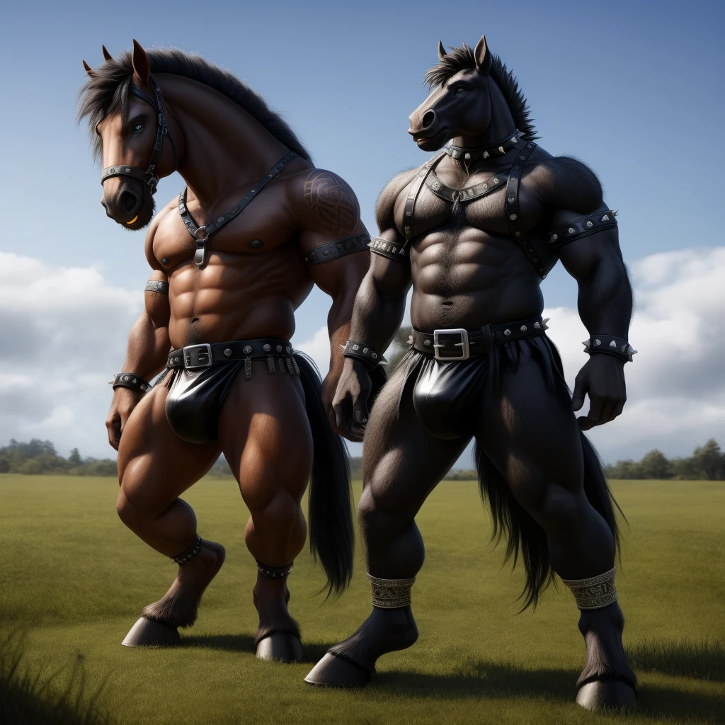 Furry, Antro, anthropomorphic, Solo, Horse, Equinene, loong horse tail, (furry Brown Dark), tribal tattoo arm, (Male Bulge), (Nose Ring), Conk, (Ring Noise), Narigon, (Aro en Nariz), (Piercing noise), Big Balls, Big Ass, Wearing a Black Leather Harness, Arnes Negro, Black bicep leather bracelet, Leather Buckle Armband, Gladiator Clothing, black leather warrior skirt, thread thong, Black Belt, Spiked Collar, Spiked Wristbands, (Leather Bicep Arm Strap), man pendant, Spiked Anklet, Hooves, Hairy, Full Body, Braided Mane, Hairy Torso, Seen Standing, Upright Standing Pose, Blue Pupil Eyes, High Resolution, 4K Detailed, Good Lighting, Beautiful, Blue Sky Background with Green Grass Meadow, black hair, photorealistic, Furry