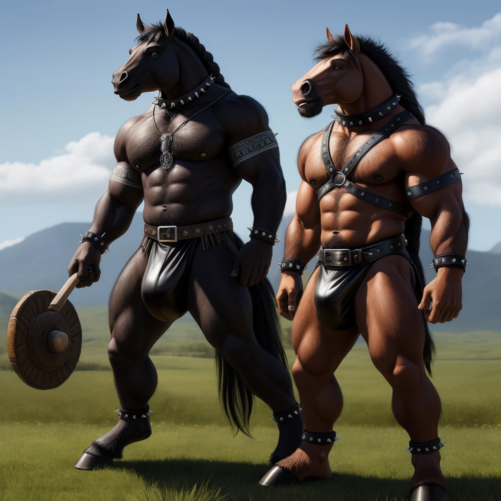 Furry, Antro, anthropomorphic, Solo, Horse, Equinene, loong horse tail, (furry Brown Dark), tribal tattoo arm, (Male Bulge), (Nose Ring), Conk, (Ring Noise), Narigon, (Aro en Nariz), (Piercing noise), Big Balls, Big Ass, Wearing a Black Leather Harness, Arnes Negro, Black bicep leather bracelet, Leather Buckle Armband, Gladiator Clothing, black leather warrior skirt, thread thong, Black Belt, Spiked Collar, Spiked Wristbands, (Leather Bicep Arm Strap), man pendant, Spiked Anklet, Hooves, Hairy, Full Body, Braided Mane, Hairy Torso, Seen Standing, Upright Standing Pose, Blue Pupil Eyes, High Resolution, 4K Detailed, Good Lighting, Beautiful, Blue Sky Background with Green Grass Meadow, black hair, photorealistic, Furry