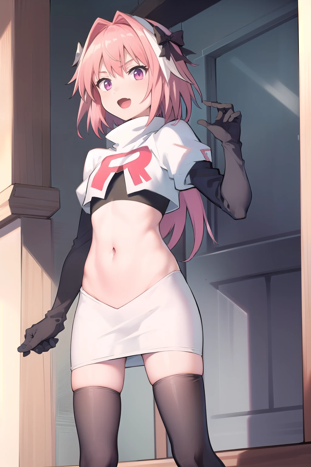 absurdres, masterpiece, best quality, astolfo fate,1boy, male focus, trap, pink multicolored hair, pink hair, white hair, hair intakes, long hair, pink detailed eyes, crossdressing,1boy, team rocket,team rocket uniform,white skirt,red letter R,crop top,black thigh-highs,black elbow gloves, cowboy shot