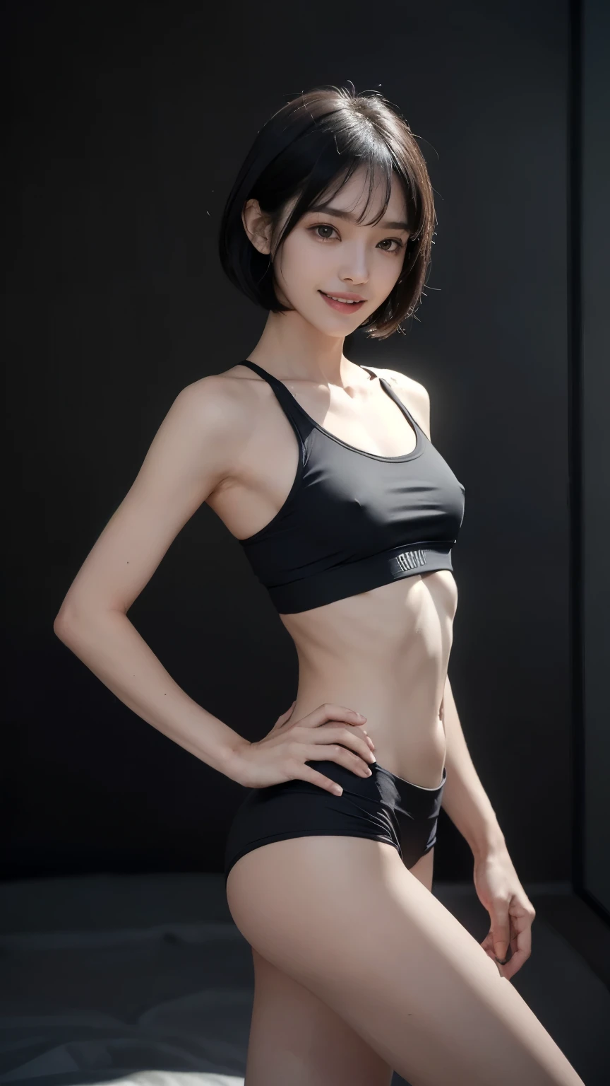 ((Standing posture:1.8, Composition above the knees:1.8)), (Clothing:2.0, Grey sports bra:2.0, Black boxer shorts:1.8), (Wet:1.5), ((A grin:1.2, Bobcut:1.2, slender:1.5, Small Ass:1.5, Erect nipples:1.8)), ((Japanese, 1 Girl, 18-year-old, 7 heads, Ideal body proportions, Black Hair, With bangs, Small breasts, Erect nipples, slender, Small Ass, Beautiful feet, Skinny Legs)), Surrealism, Cinematic Lighting, Depth of written boundary, First Person View, F/1.8, 135mm, Ticker, Mastepiece, Curate, ((Anatomically correct:1.3)), Textured skin, Super Detail, High detail, High quality, Awards, Best Quality, High resolution, 8K