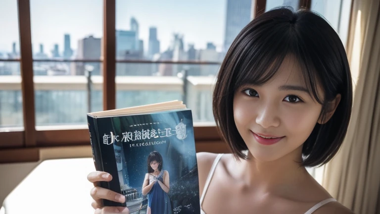 最high quality, Tabletop, High resolution,24 years old wearing white camisole, 1 girl,Very beautiful face,(Holding a manga book),(Ultra-high definition photography of extremely beautiful faces)(black camisole)hair ornaments,, Gemstone Diamond,Realistic, New York night view、Blur the background、,Full body image,(High resolutionの肌:1.2),Smiling and looking at the camera,Full body image 8K UHD, Digital single-lens reflex camera, In the soft and bright sunlight,high quality, Volumetric lighting, Frank, photograph, High resolution,Full body image,4K、Japanese college student、A sloppy smile、Please stand up straight、((((上半身のphotograph)))),one person,Short Hairstyles、camisole