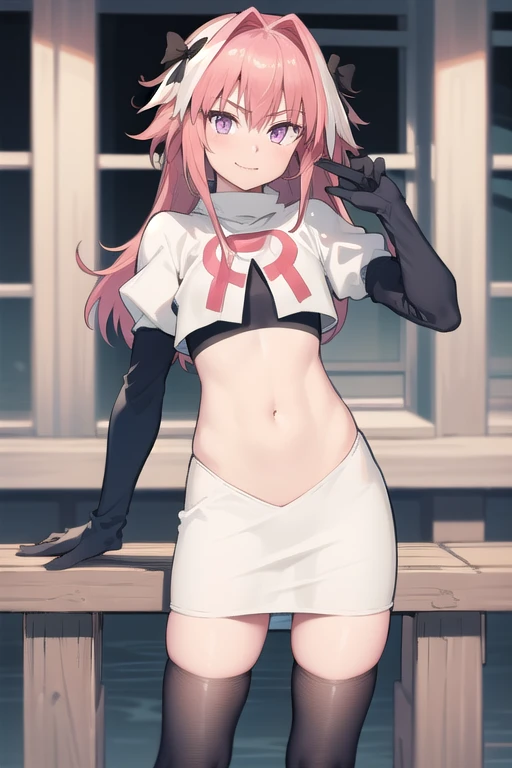 absurdres, masterpiece, best quality, astolfo fate,1boy, male focus, trap, pink multicolored hair, pink hair, white hair, hair intakes, long hair, pink detailed eyes, crossdressing,1boy, team rocket,team rocket uniform,white skirt,red letter R,crop top,black thigh-highs,black elbow gloves, cowboy shot