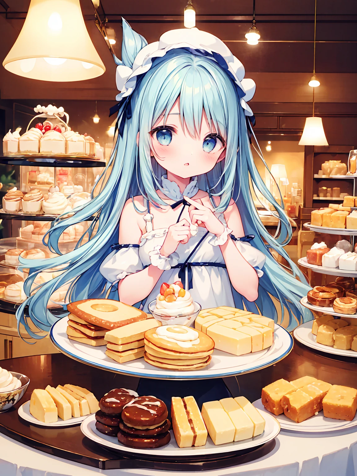 ((masterpiece, best quality, extremely detailed, absurdres)),, masterpiece, best quality, extremely detailed, (((light blue long hair))), long hair cute anime faces,detailed light,parted lips,shiny、beautiful detailed face,,longhair、(((( light blue long hair)))),,10 years old, , 1girl, solo, flat chest, blush, bangs,
caramel、Perfect beautiful woman, baker, amazing artwork of bakery, decora inspired illustrations,there is a plate with a stack of pancakes with whipped cream on top, Whipped cream on top, mouthwatering, Cute:2, dessert, a cake, marmalade, cream, whipped cream, caramel, vanilla, recipe, pancake short large head, Warm,, honey, basic、masterpiece, best quality, ultra-detailed, illustration, 1woman, single, solo, sweets, candies, desserts, pastries, cakes, chocolates, cookies, ice cream, frozen yogurt, doughnuts, pastries, sweet treats, sugar, sugar rush, indulgence, pleasure, overindulgence, excess, extravagance, opulence, luxury, riches, wealth, comfort, cozy, warm, inviting, alluring, tempting, seductive, irresistible, mouthwatering, delicious, appetizing,